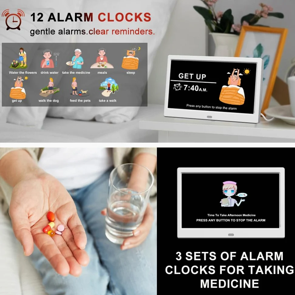 Reloj despertador con día y fecha para personas mayores, calendario digital, marco de fotos, pantalla regulable automáticamente, 15 opciones de alarma, reloj con día y mes no abreviados (10
