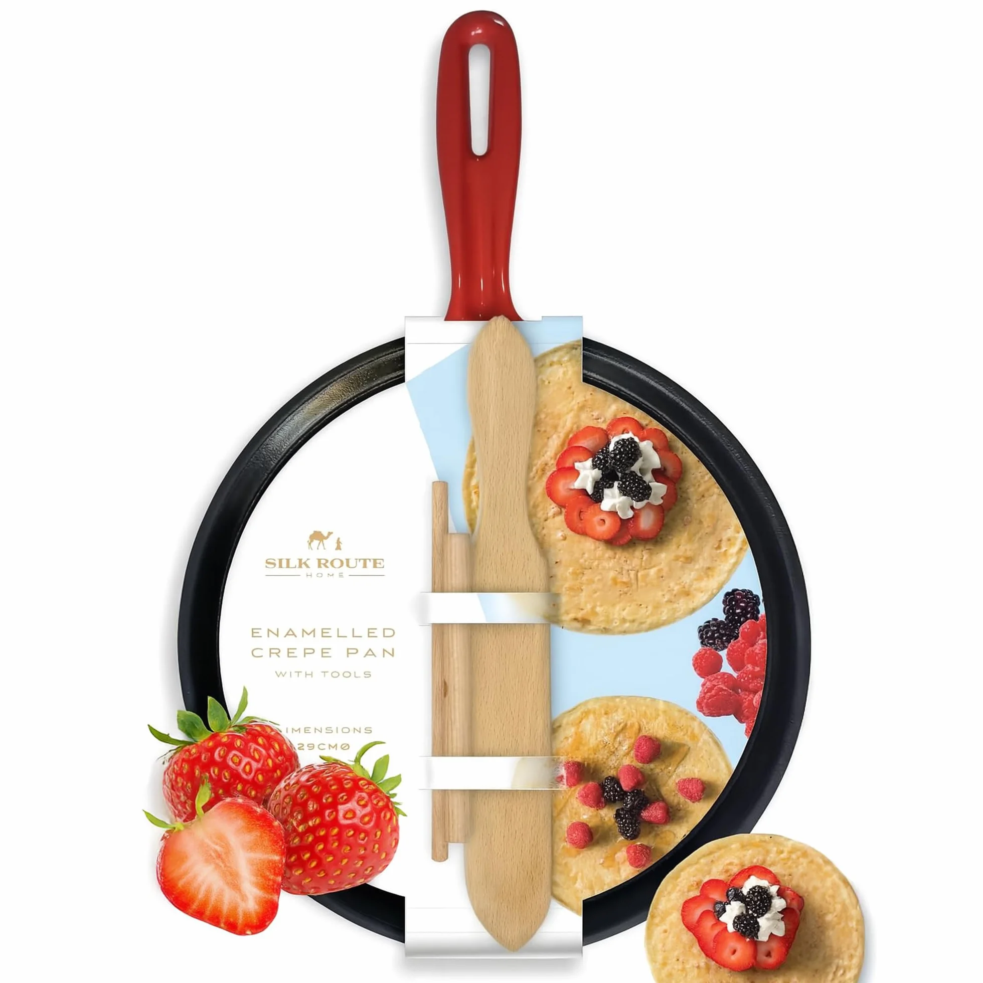 Silk Route Home - Sartén de hierro fundido para crepes y tortitas de 25 cm, plancha antiadherente con esparcidor y espátula, sartén presazonada duradera para crepes, tortitas, tortillas y más