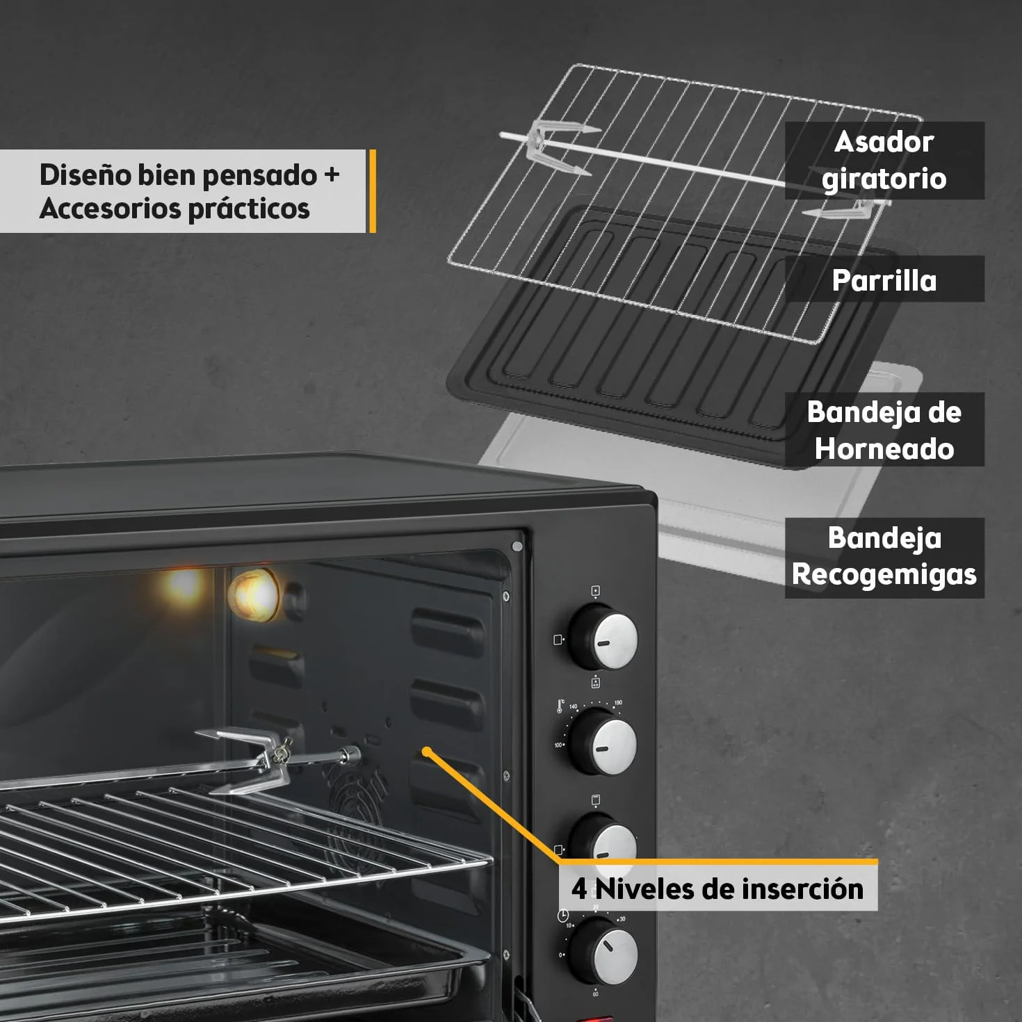 TZS First Austria - Mini Horno 60L 2000W - Minihorno espacioso para pizza con temperatura hasta 230°C y 6 modos - Con temporizador 60 min, 4 alturas de inserción, bandeja, rejilla y asador giratorio