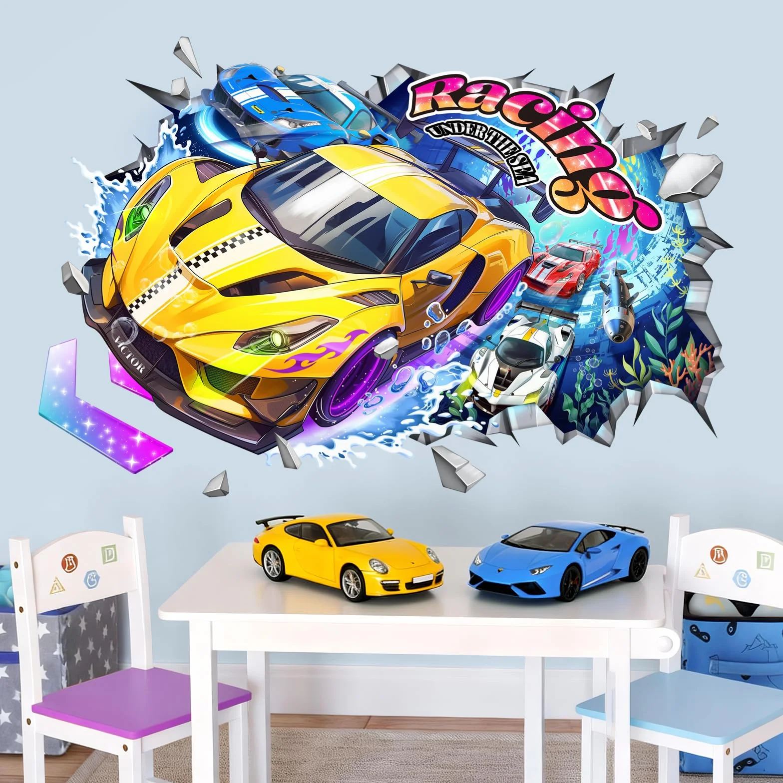 Tanlaby Pegatinas de Pared 3D Coches de Carreras Túnel Submarino Vinilos Decorativos Amarillo