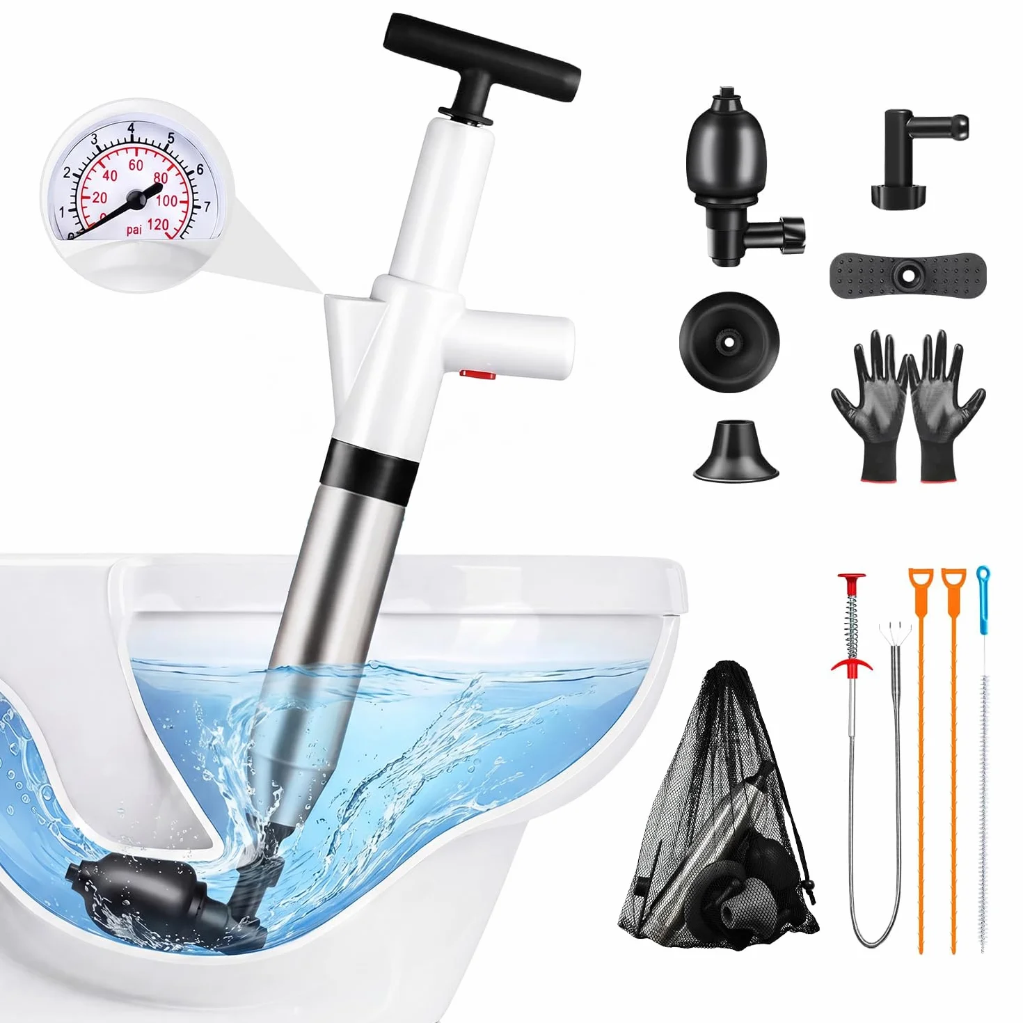 Desatascador de inodoro de alta presión rápida con barómetro, herramienta de desatasco y desatascador de drenaje de aire resistente para baño, inodoros, fregaderos, bañeras, tuberías, kit de