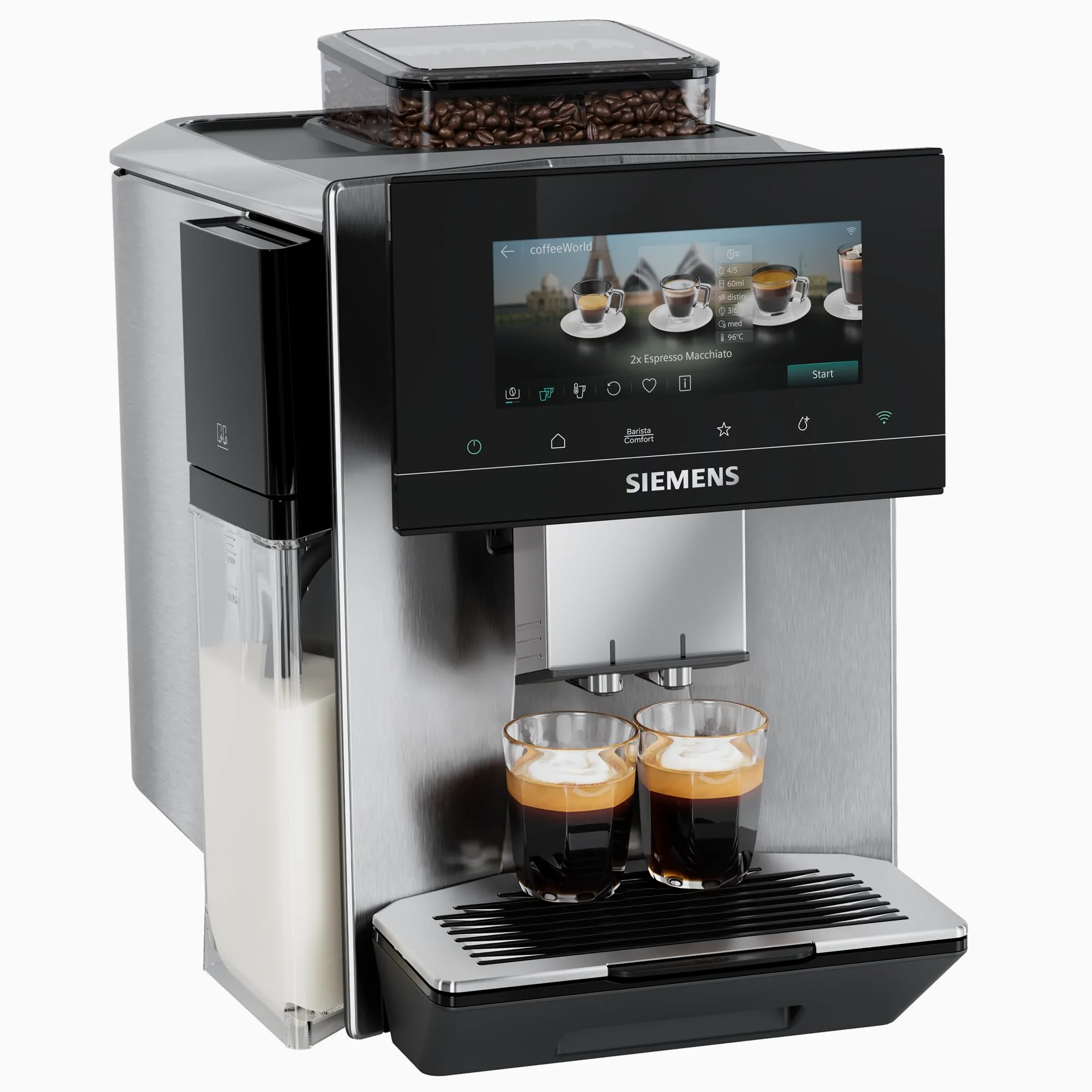 Siemens Cafetera automática EQ900 Plus, pantalla TFT de 6,8 pulgadas, sistema de limpieza automática mediante cartuchos, muy silenciosa, 41 bebidas calientes y frías, bebidas XL para vasos To-Go