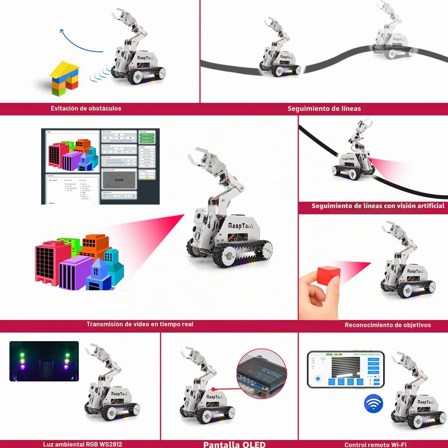 Adeept RaspTank - Kit de Coche Inteligente de Metal para Raspberry Pi 5/4B/3B/3B+ (Placa no incluida), Robot rastreado por Tanque con Brazo robótico de 4 DOF, prevención de obstáculos, Seguimiento de