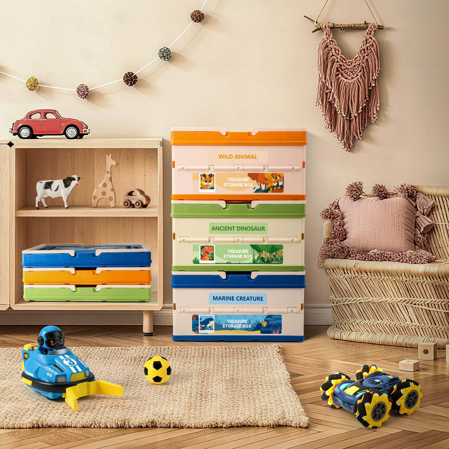 FRUSE Caja Almacenaje Infantil, Juego de 3, Caja Organizadora Plegable, Organizador Juguetes con Tapa,Cajas Almacenaje para Juguetes,Habitación de Niños,Sala de Juegos, Salones, 34,4 x 24,3 x 55 cm
