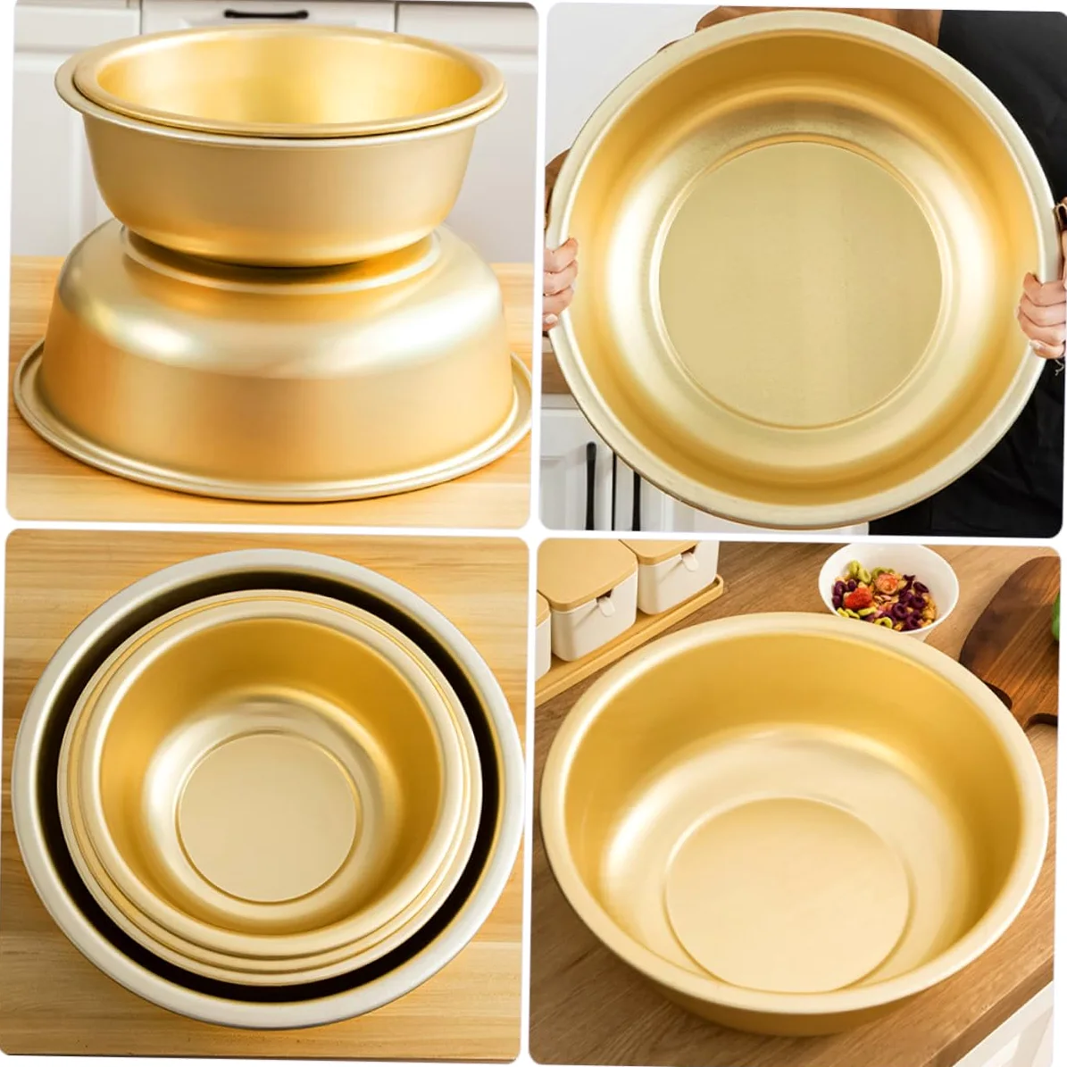 Cuenco de Aluminio Dorado de Gran Capacidad Diseño Redondo, Lavabo de Metal Seguro Fina Manufactura para Cocina y Lavado de Frutas