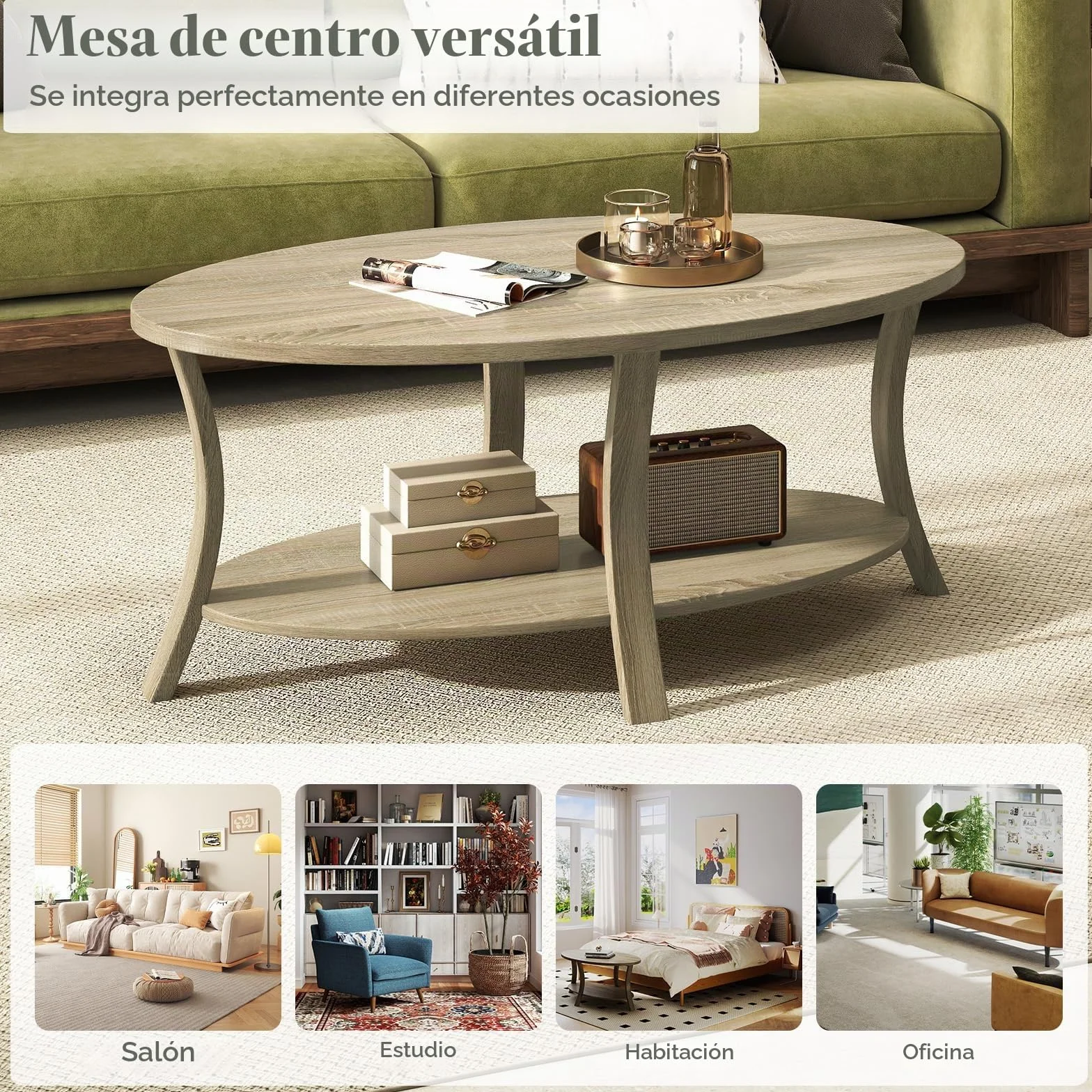 LIFEZEAL Mesa de Centro Ovalada de Madera de Caucho, Mesa de Centro de 2 Niveles con Estante de Almacenaje, Mesa Rústica para Salón, Hogar, Oficina, 111 x 60,5 x 47 cm (Natural)