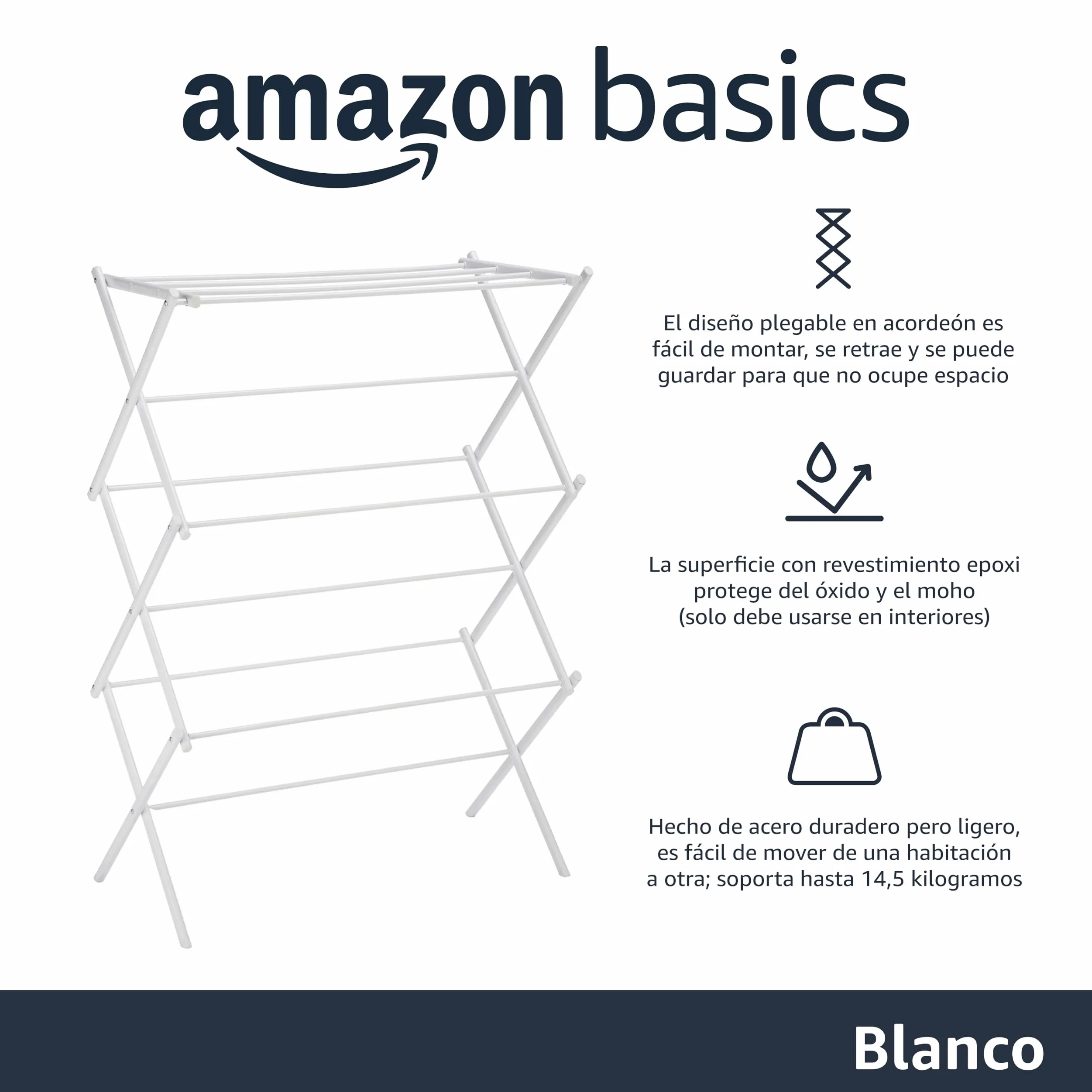 Amazon Basics Tendedero plegable, 14.5" D x 29.5" W x 41.8" H, color blanco.