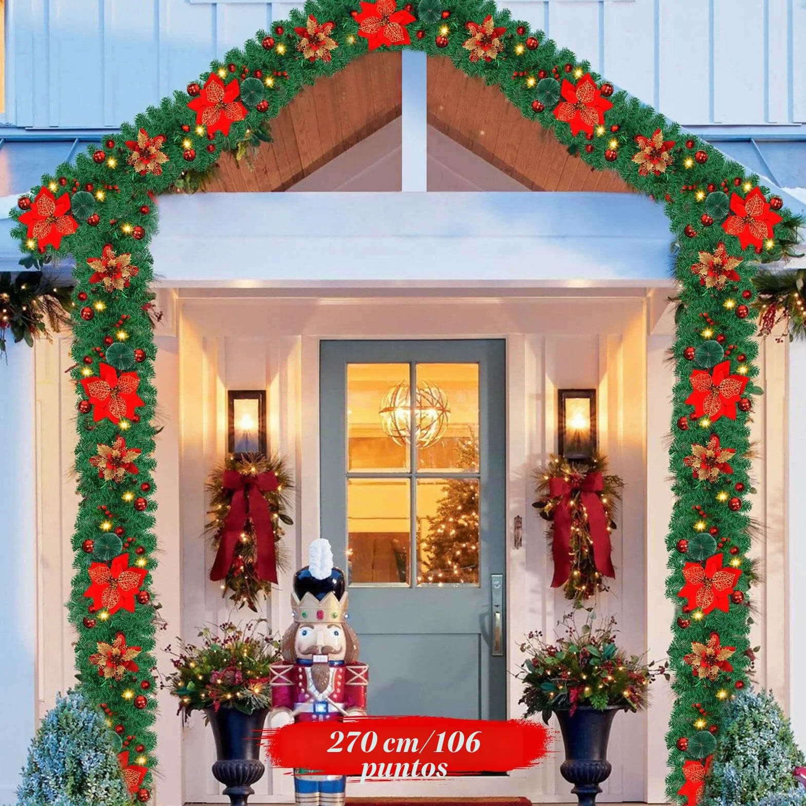 Guirnalda Navidad De 2,7 M/9 FT Con Luces Led, Decoraciones Artificiales para Puertas, Chimeneas, Escaleras y Árboles De Navidad