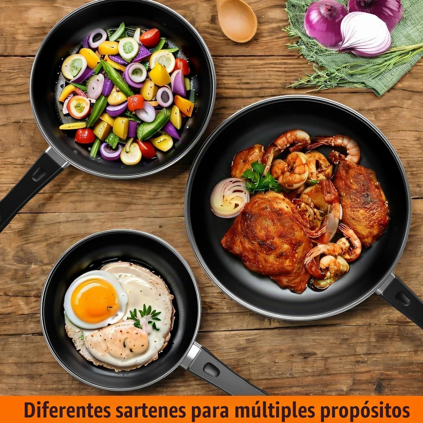 Kiseely Juego de sartenes antiadherentes de 24cm, 26cm y 30 cm (3 piezas), resistentes al calor, sin PFAS, aptas para todo tipo de cocinas, incluida la inducción (AG1)
