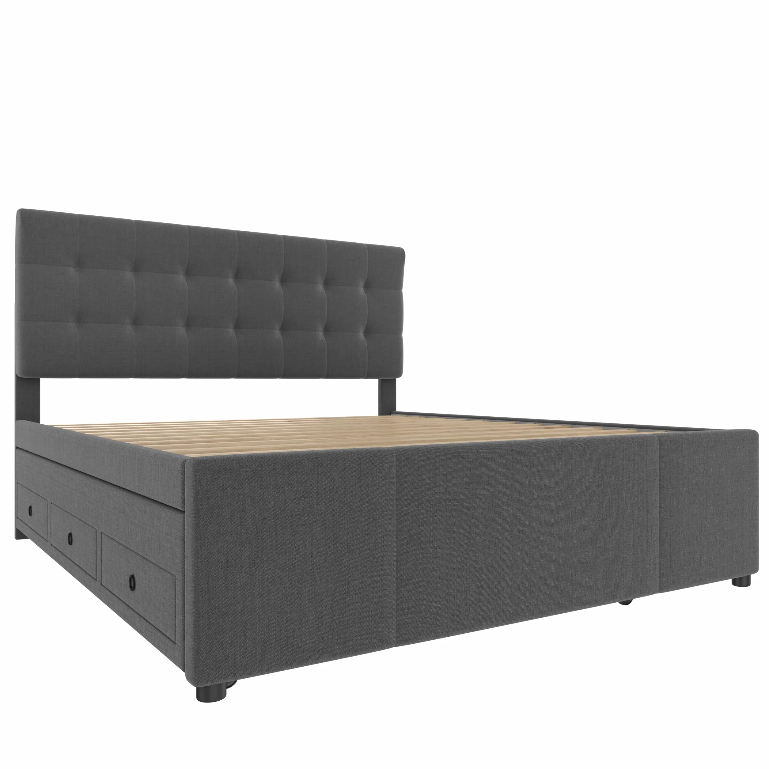 Moimhear Cama de matrimonio acolchada familiar con tres cajones, cama extraíble, cabecero ajustable (gris)
