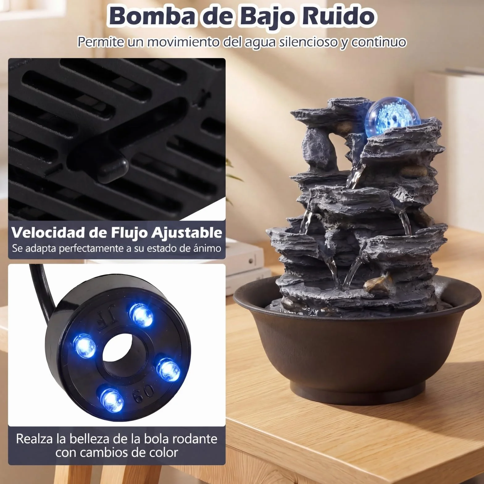 COSTWAY Fuente de Mesa Cascada con Bola Cristal Giratoria, Luz LED Decorativa, Flujo Ajustable, Decoración Zen Hogar Oficina