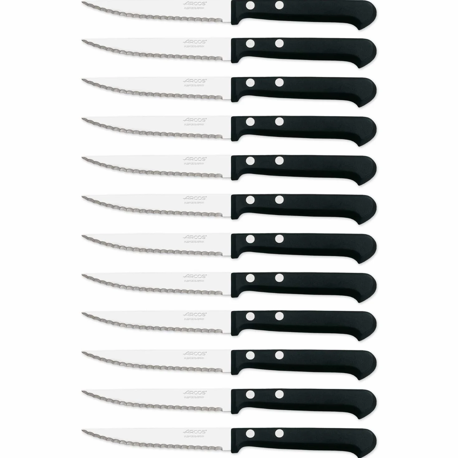 Arcos Cuchillos de Mesa - Caja de 12 uds Cuchillo Chuletero Cuchillo de Mesa - Hoja de Acero Inoxidable NITRUM 110 mm - Mango de Nylon - Color Negro (12 uds)