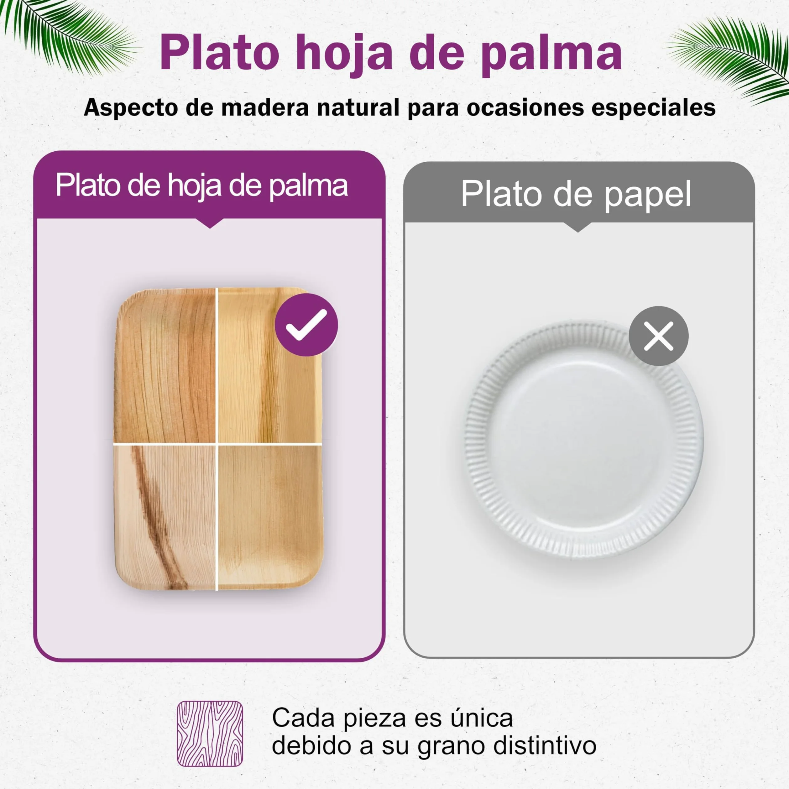 Vajilla Desechable de Hoja de Palma Orgánicos - 25 pz. Cunecos Ø 11 cm/ 200 ml y 25 Platos Rectangulares 28x18 cm
