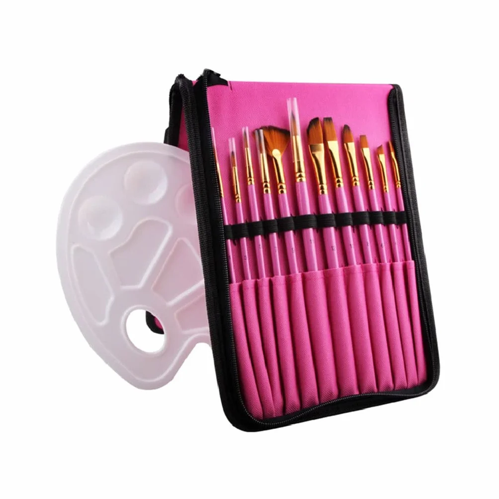 Juego de 12 Pinceles de Nailon con Mango de Madera para Pintar con Acuarela, raspador de Lavado, Pintura acrílica, Pincel de Recubrimiento artístico(Roze)