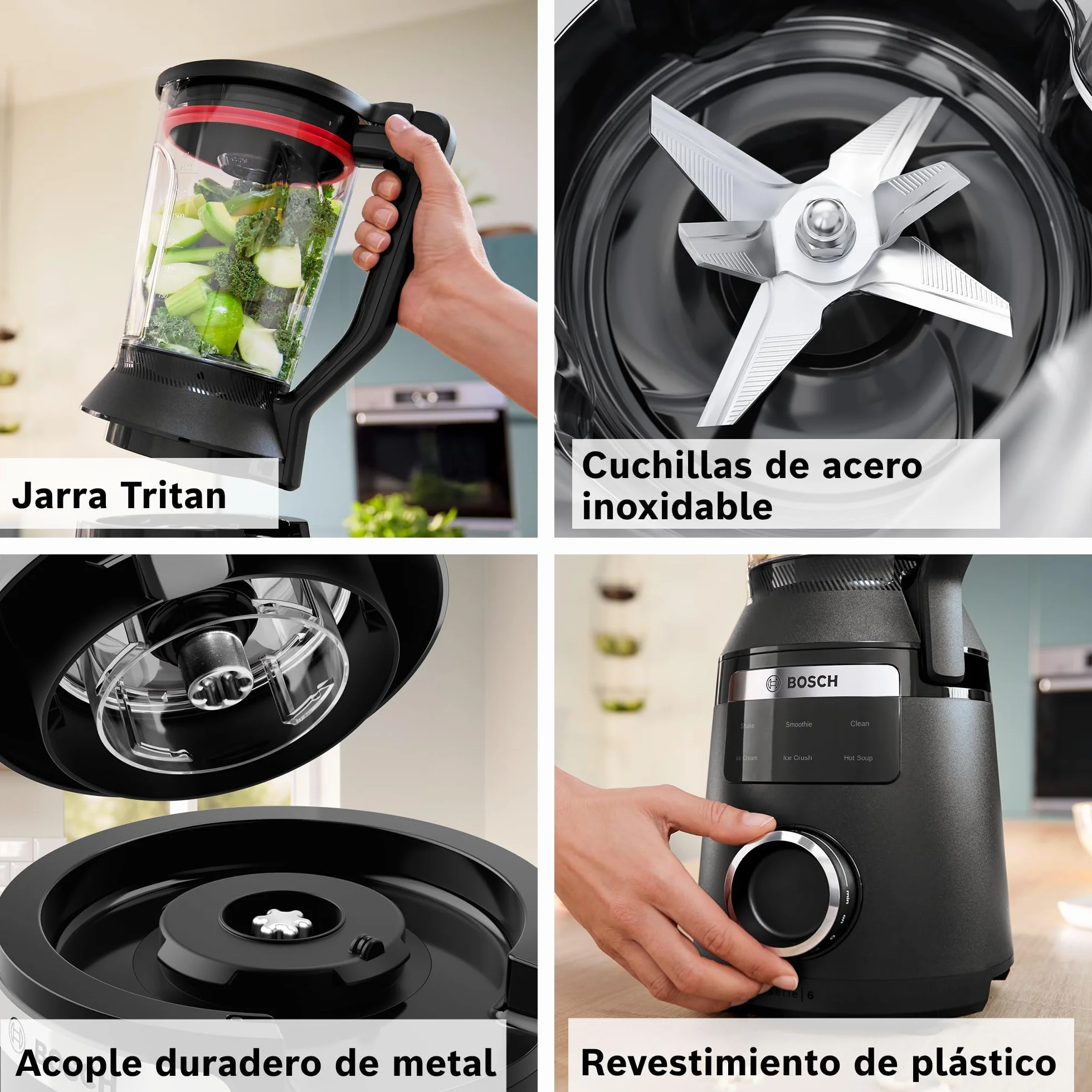 Bosch - Batidora de vaso VitaPower Serie 6, motor de 1800 vatios, velocidad del motor de hasta 45.000 rpm, 6 programas automáticos, jarra batidora Tritan, negro, MMB6652B