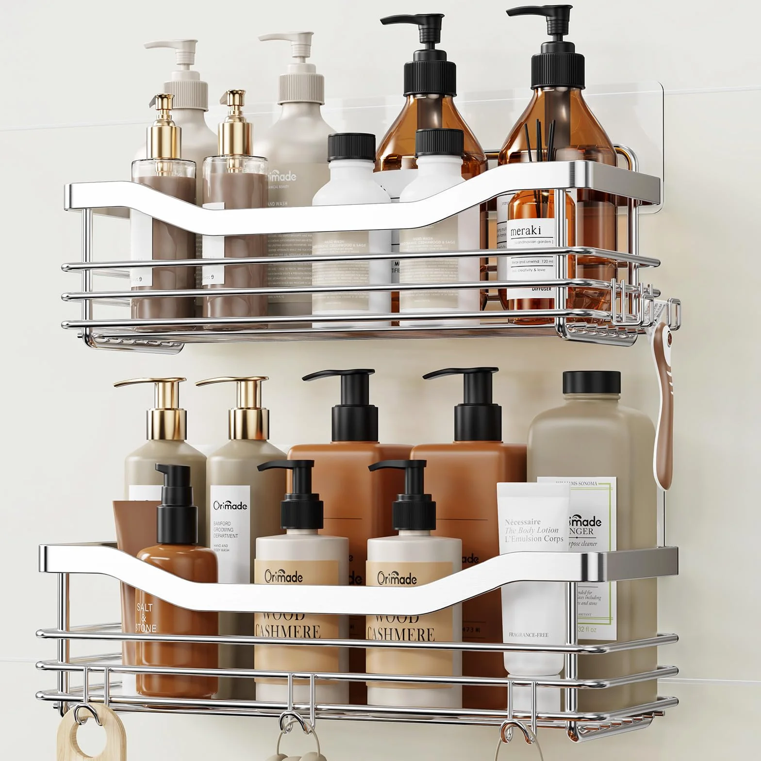Orimade Adhesivo Estantes Cesta para Ducha con 5 Ganchos para Colgar Esponjas y Cuchillas Estanteria Organizador Baño Acero Inoxidable Sin Taladro Plata