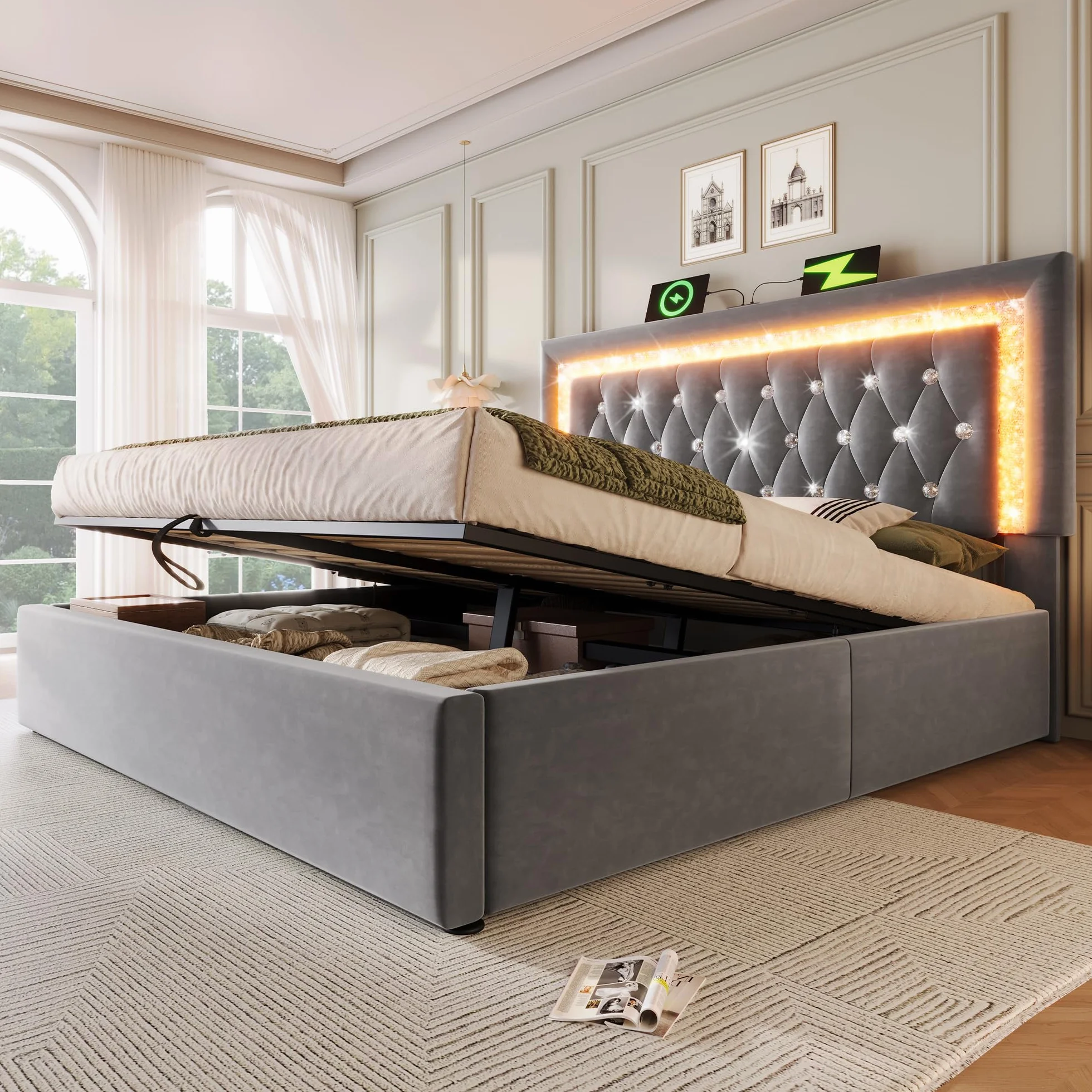 Cama Tapizada Matrimonio 140x200 cm con Cabecero LED y Carga USB, Camas Juveniles con Almacenaje Hidráulico, Camas Matrimoniales con Lamas de Madera, Terciopelo, Sin Colchón, Gris