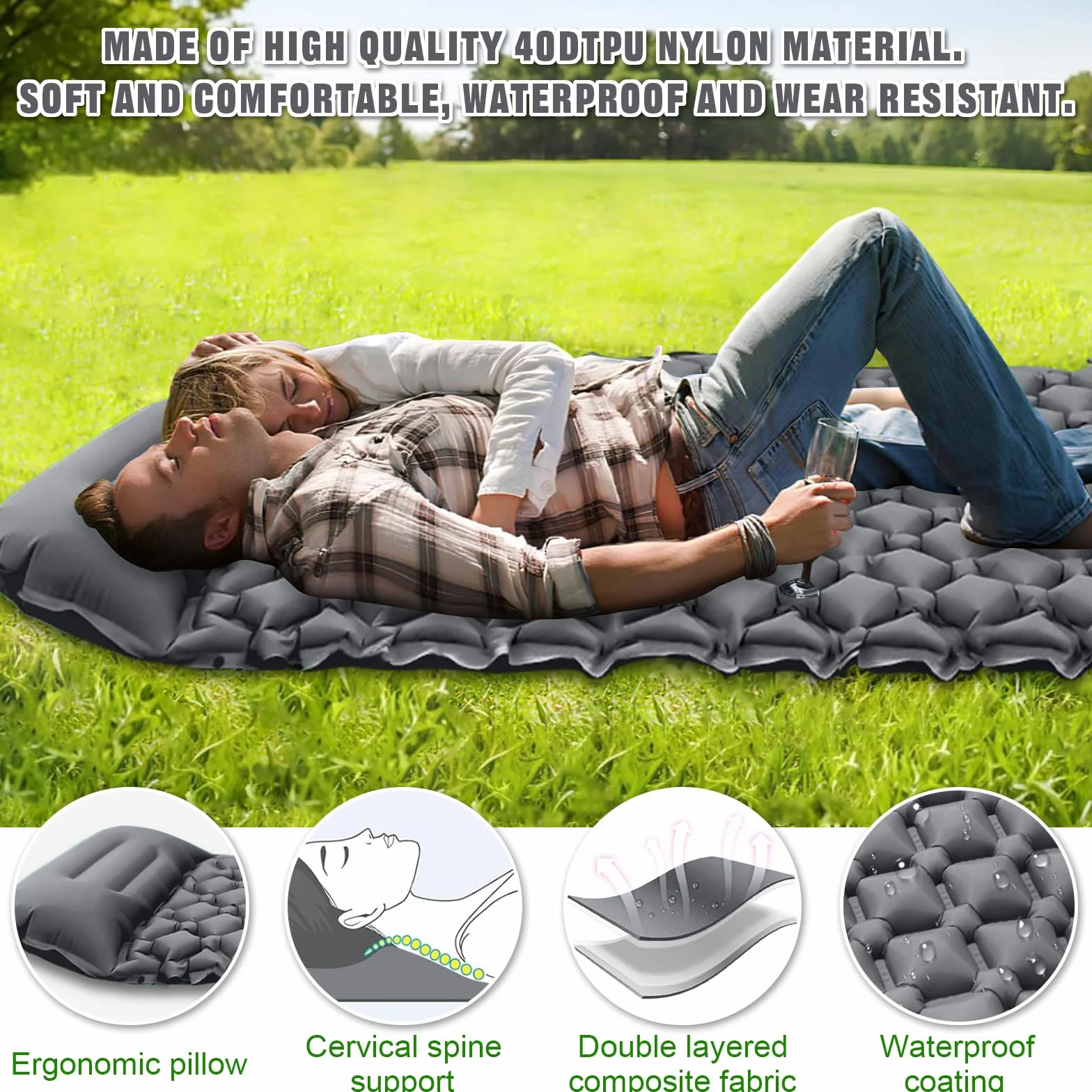 Colchón Autoinflable para Camping Impermeable con Bomba de Pie y Almohada Ultraligera Portátil