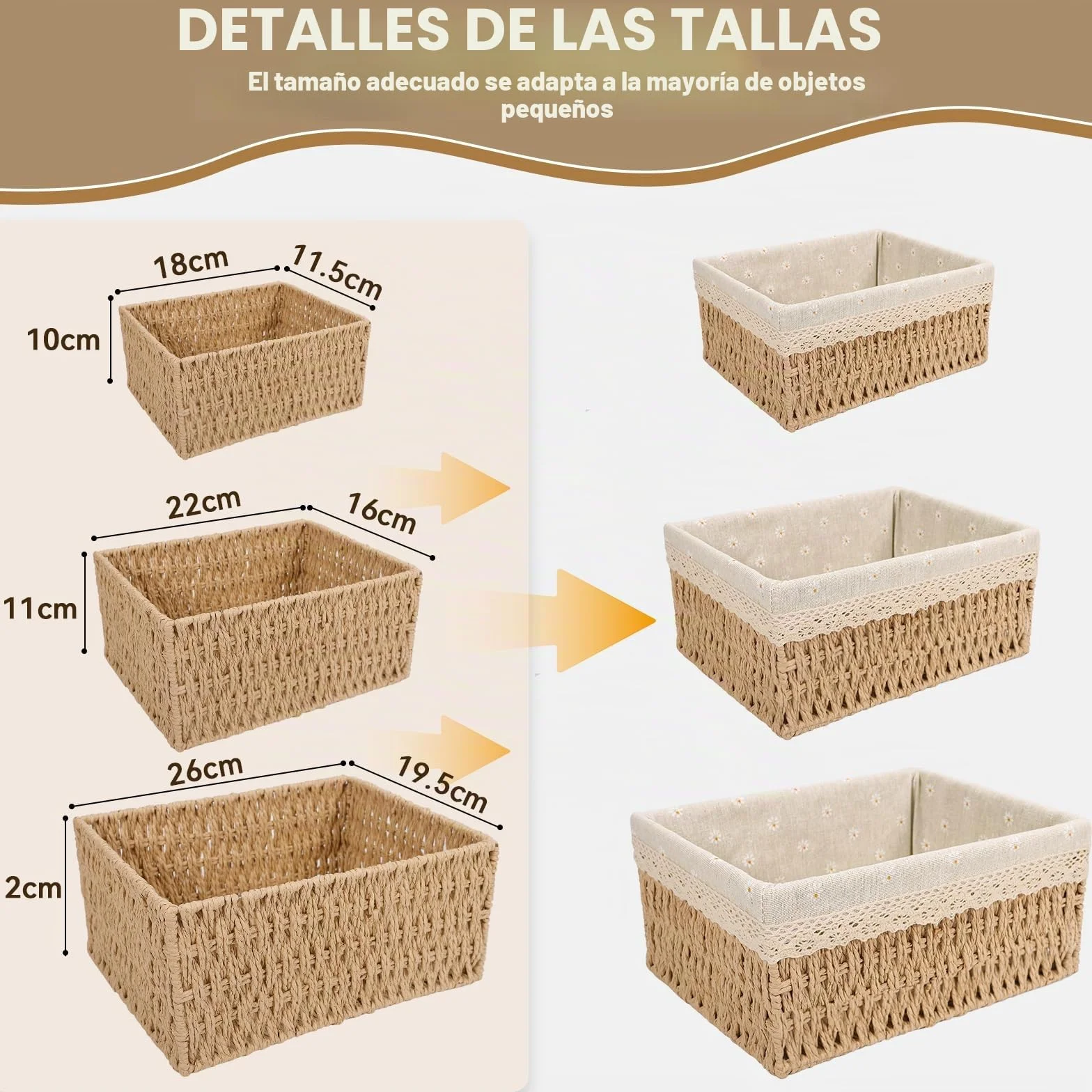 Cestas Tejidas de Almacenamiento con Forro Desmontable, Cesta de Juguetes y Baño, Beige L+M+S