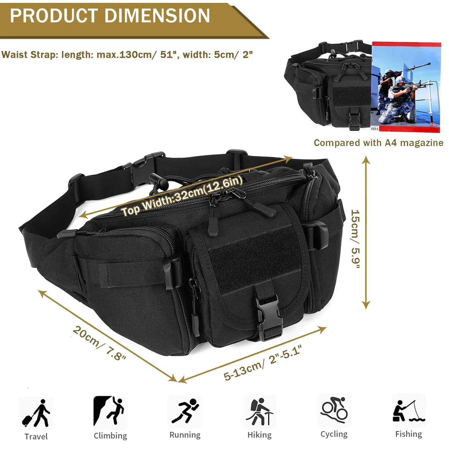 Huntvp Bolsa Riñonera Mochila Bandolera Táctica Impermeable 2 Vías Aire Libre Senderismo