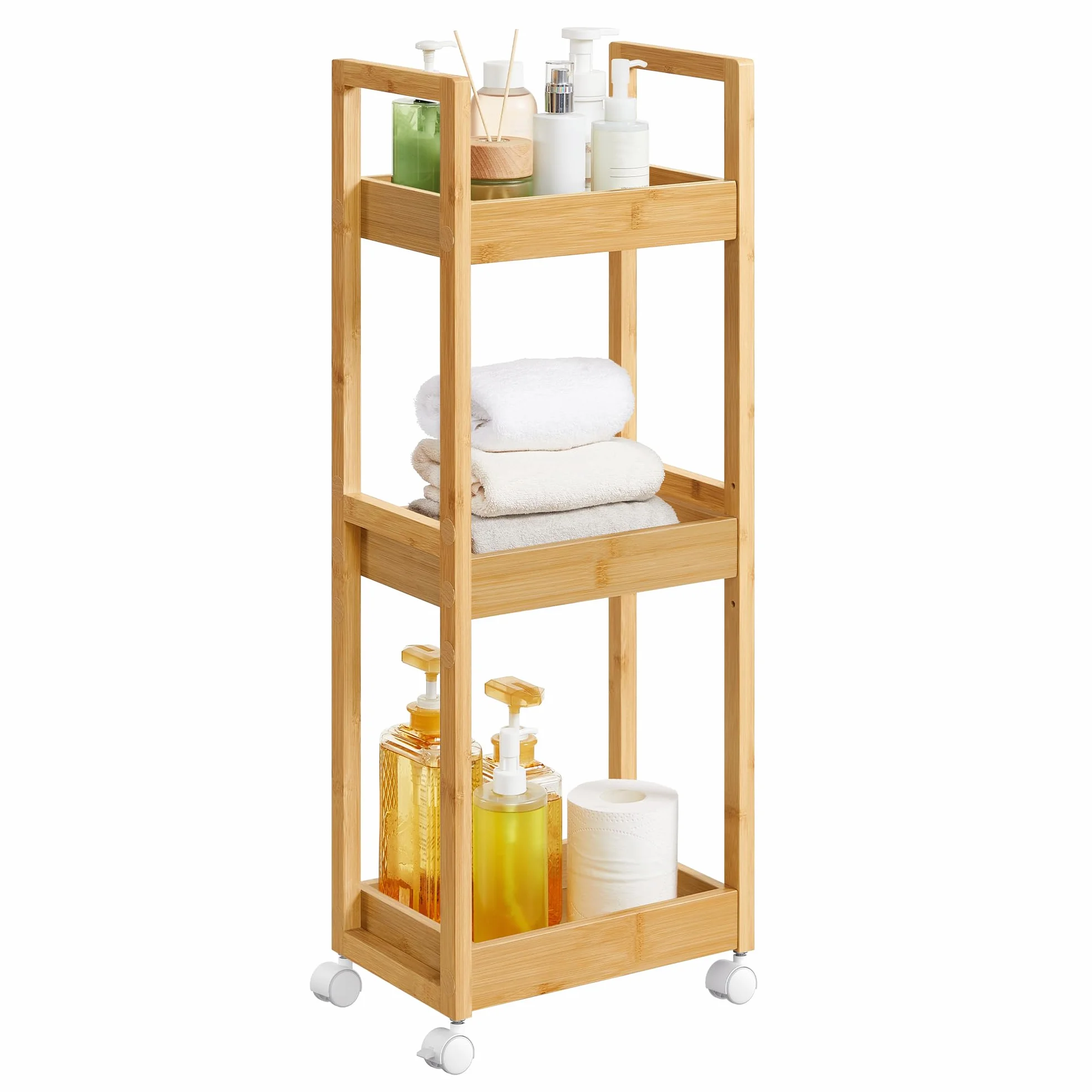 SONGMICS Carrito de Baño 3 Niveles Bambú Estrecho con Ruedas 20x30x80 cm Beige Natural