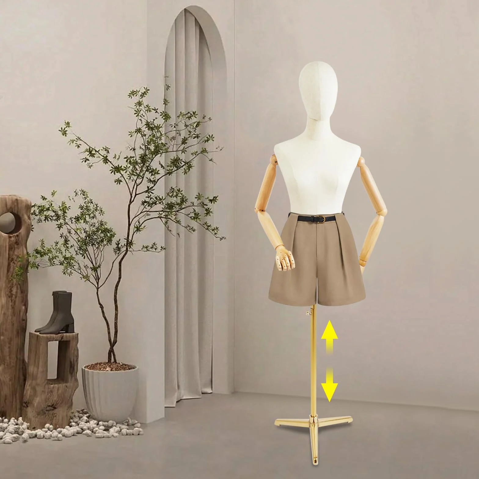 Maniquí femenino con pantalla de cuerpo de maniquí de altura ajustable con brazos flexibles (dorado, 157 cm - 215 cm)