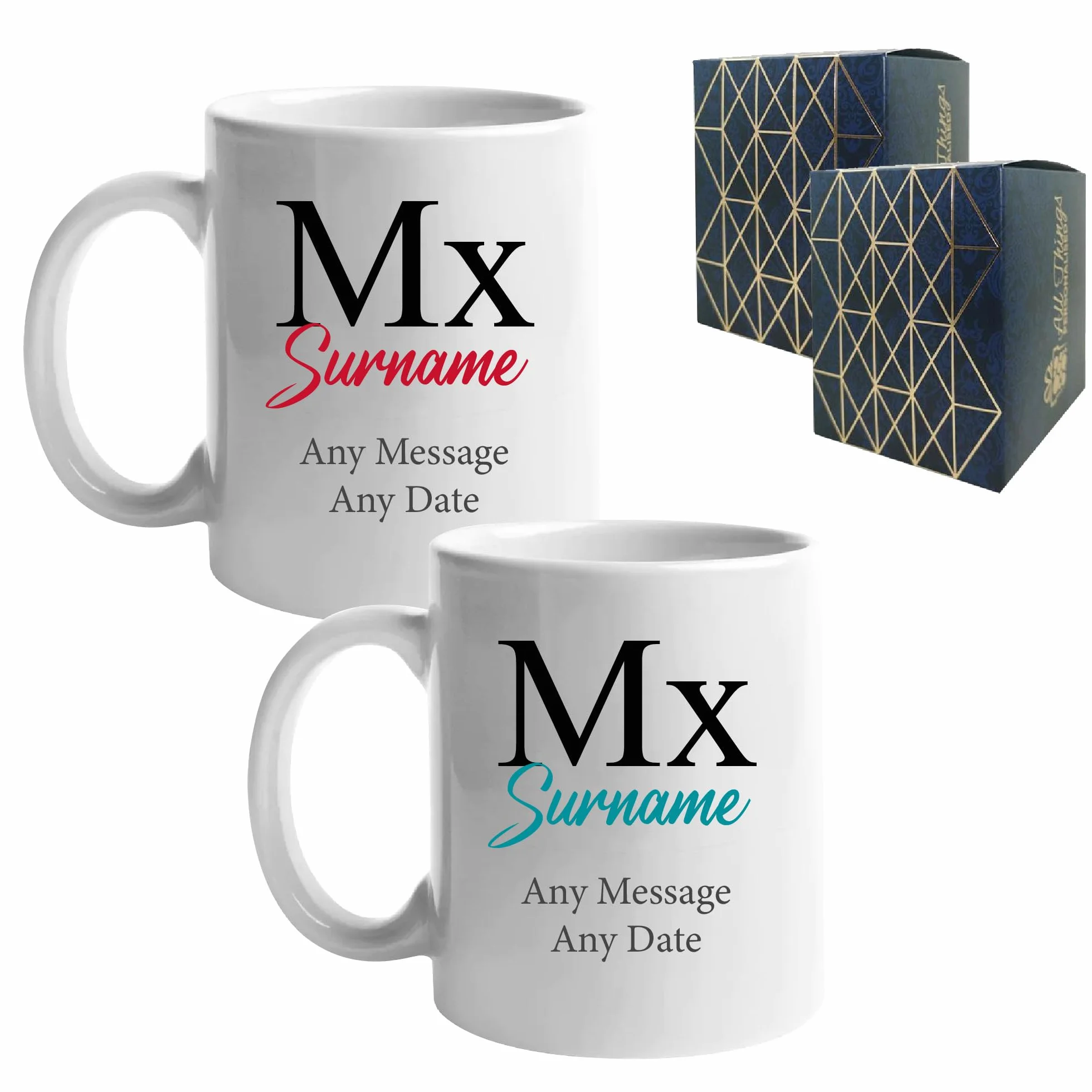 Juego de tazas personalizadas de género neutro para boda, juego de tazas Mx y Mx o título personalizado con cualquier mensaje y apellido, diseño de fuente clásico, caja de regalo, tazas de 312 ml