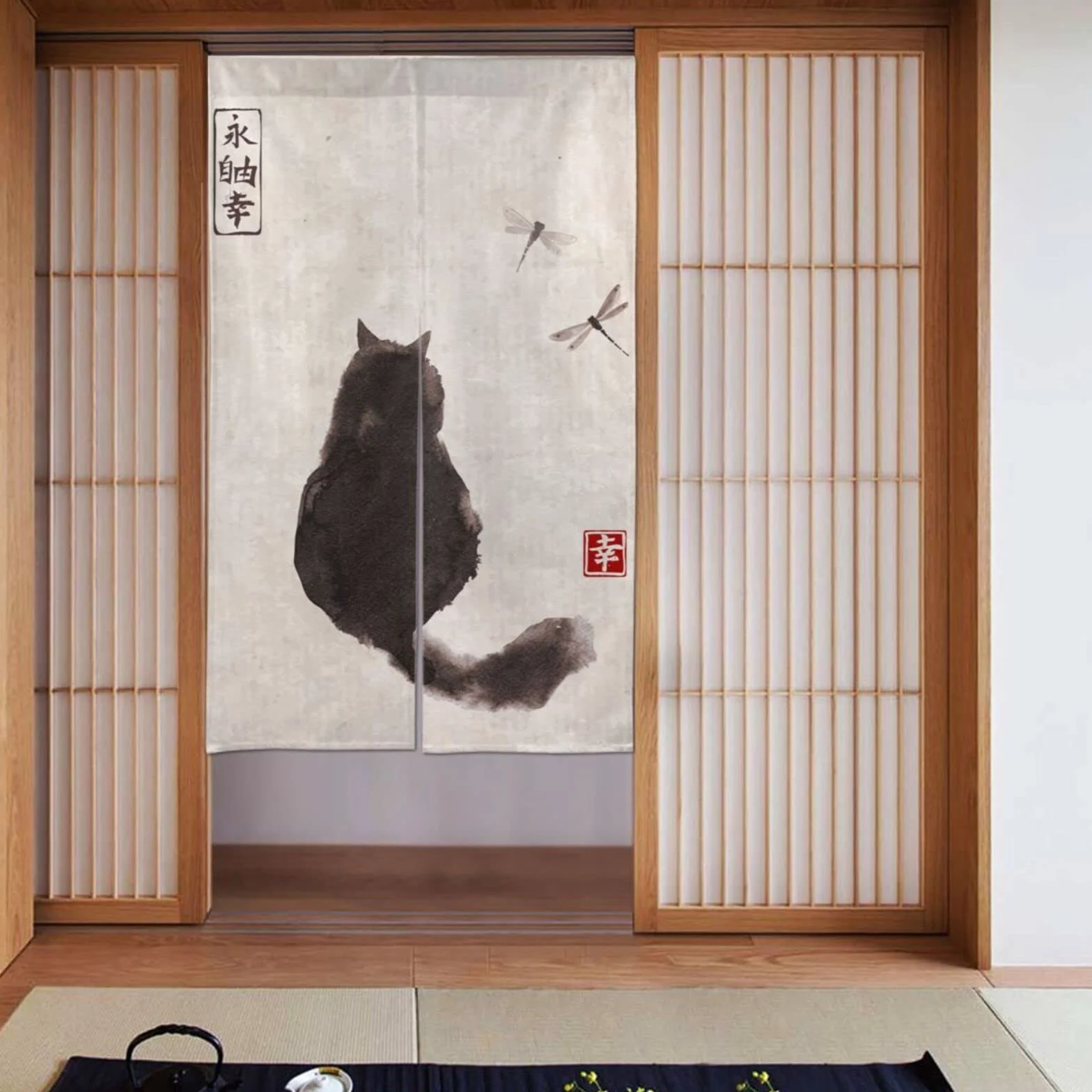Cortina Japonesa Noren para Puerta, con diseño de Gato y libélula, Pintura de Tinta, para Restaurante, decoración del hogar, Talla única