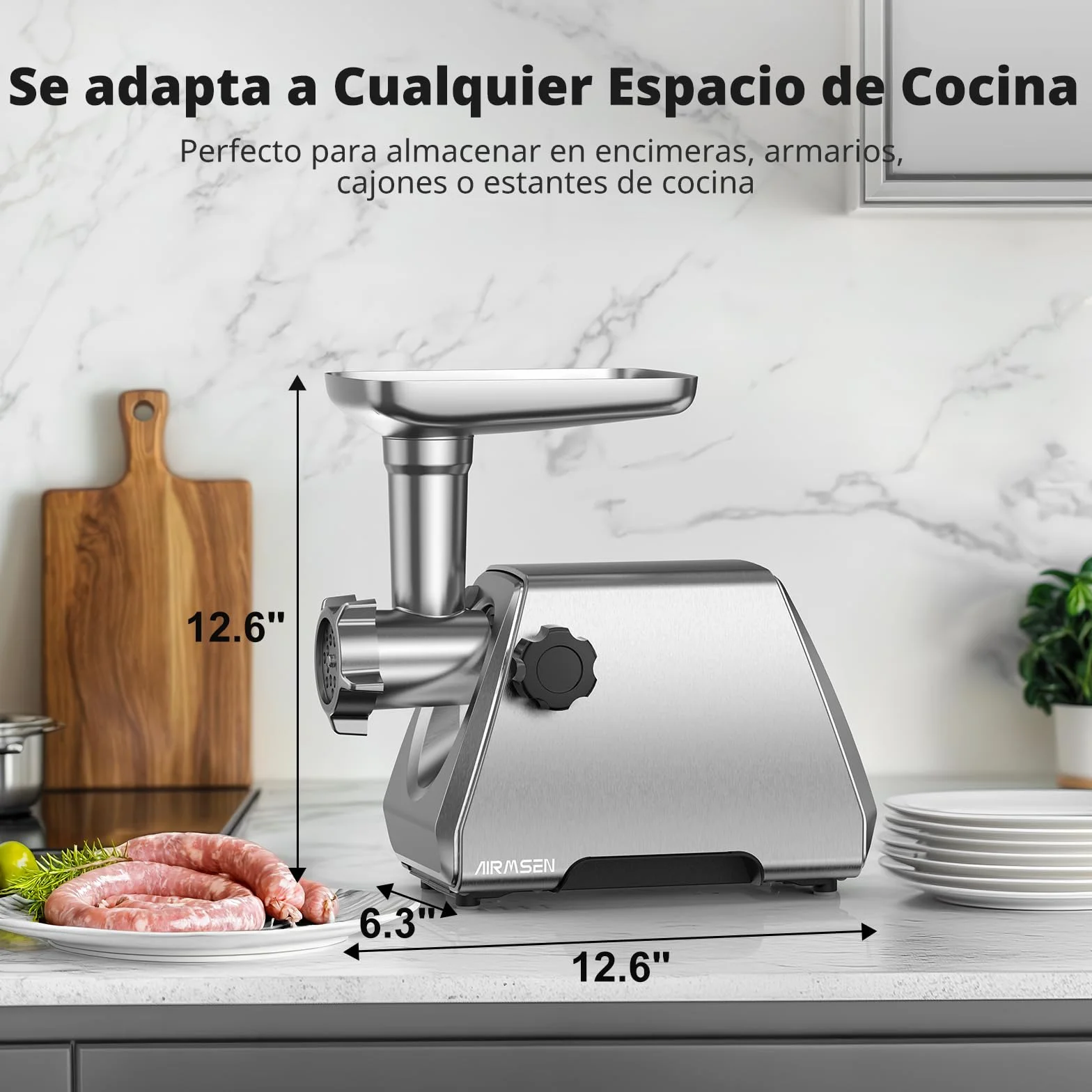 AIRMSEN Picadora de Carne Eléctrica, 2 Cuchillas de Acero Inoxidable, 3 Placas de Molienda y Accesorio para Embutir Salchichas Kubbe, Motor Silencioso, Fácil Limpieza, Ideal para Uso Doméstico (M)