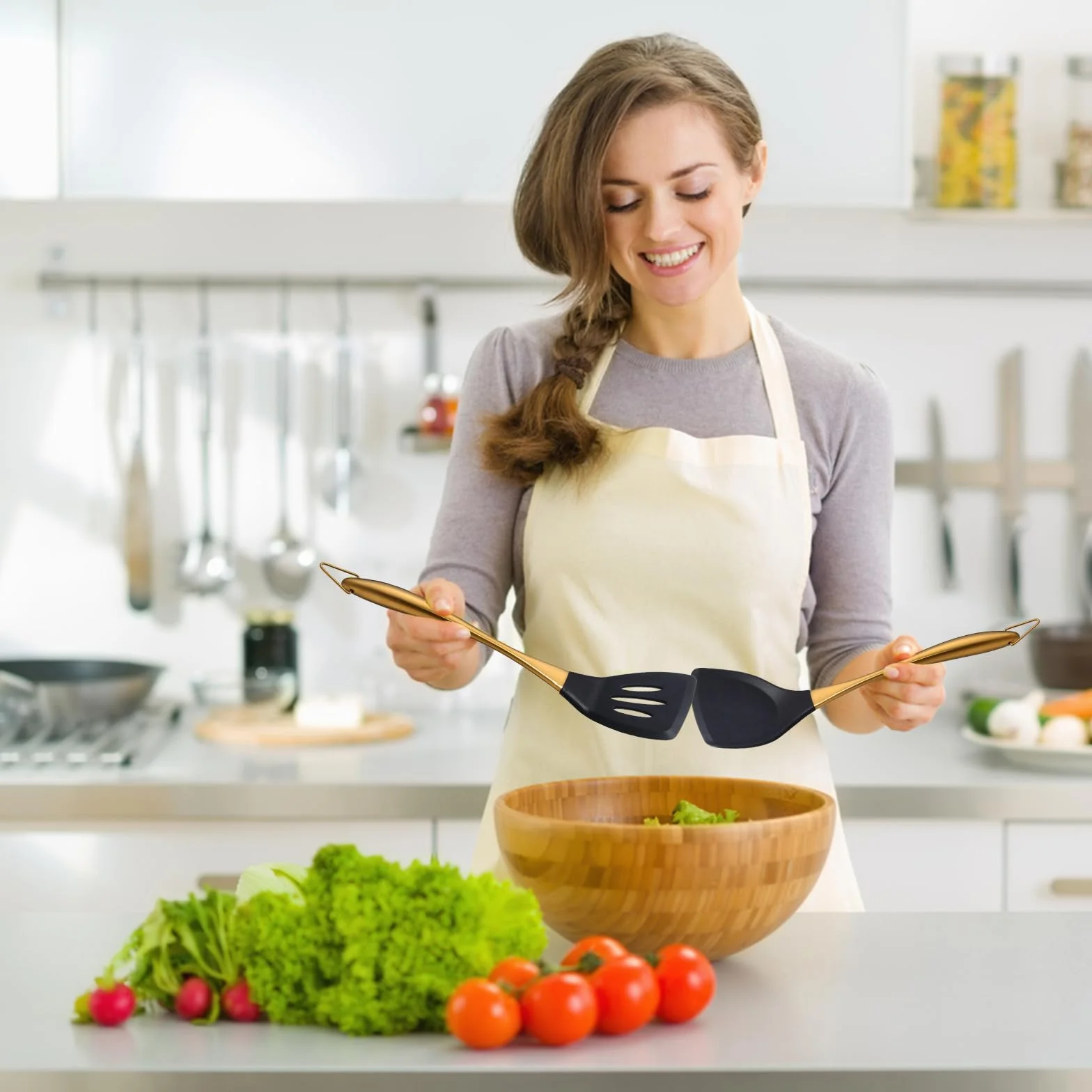 TEHAHA - Paquete de 2 espátulas de silicona, espátula de silicona de grado alimenticio y ranurada, espátula de silicona resistente al calor con mango de acero inoxidable, utensilios de cocina