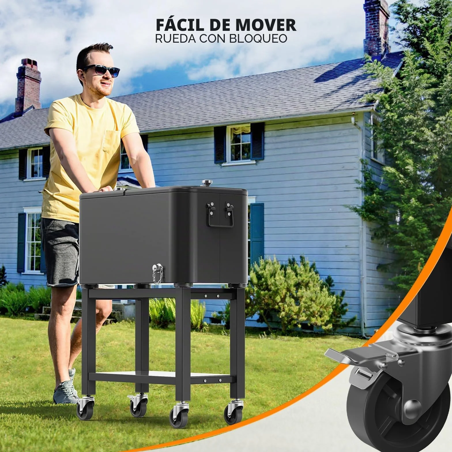 Bonnlo Carro de Servicio de 57L con Ruedas, Carro Auxiliar, Enfriador de Patio, Caja de Enfriamiento, Enfriador de Bebidas con Abrelatas, Ideal para Fiestas y BBQs, 35,5 X 66 X 81 cm, Negro