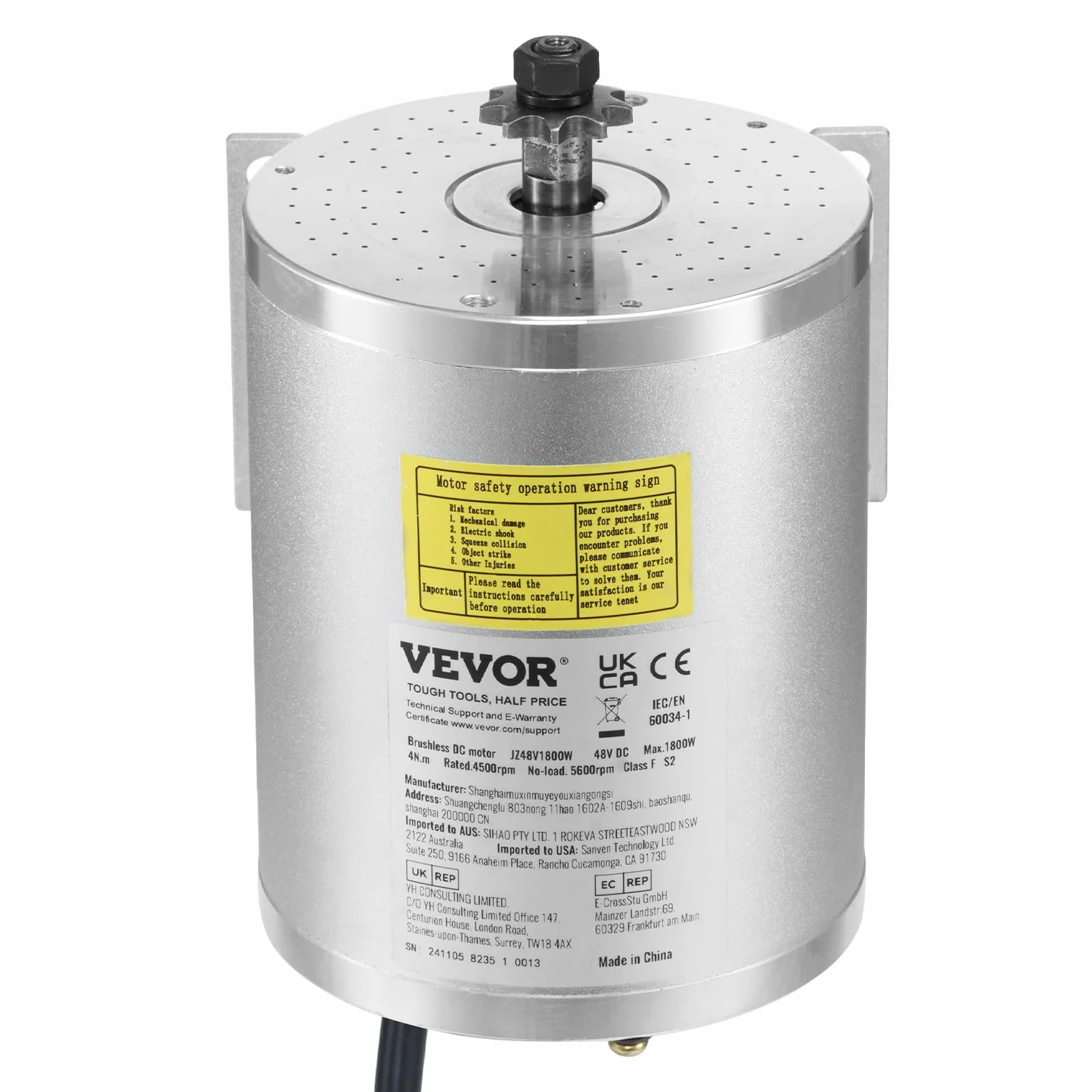 VEVOR Motor Eléctrico sin Escobillas 1800W 48V 4500 RPM Controlador de Velocidad Pedal Acelerador para Bicicleta Eléctrica