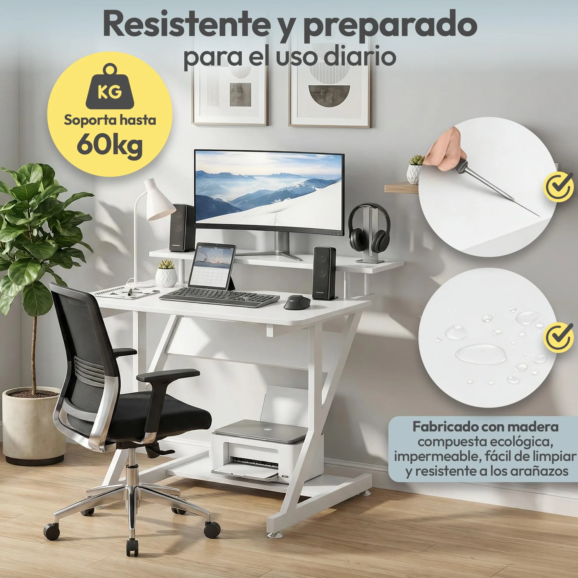 Escritorio Pequeño con Estante Superior 70 x 40 cm, Mesa Escritorio Blanca o Roble para Ordenador, Mesa de Trabajo Compacta para Estudio, Oficina y Habitación (Blanco)