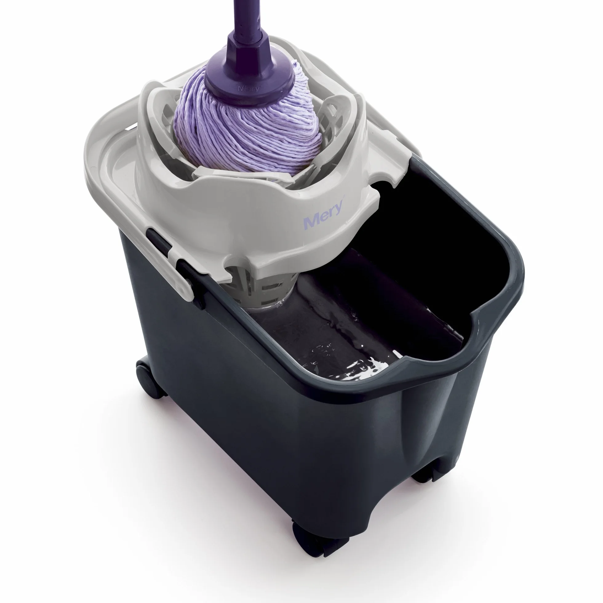 Mery | Cubo con Escurridor Automático | Cubo Fregona con Ruedas | Capacidad: 14L | Polipropileno | Acero | Gris Claro y Gris Oscuro