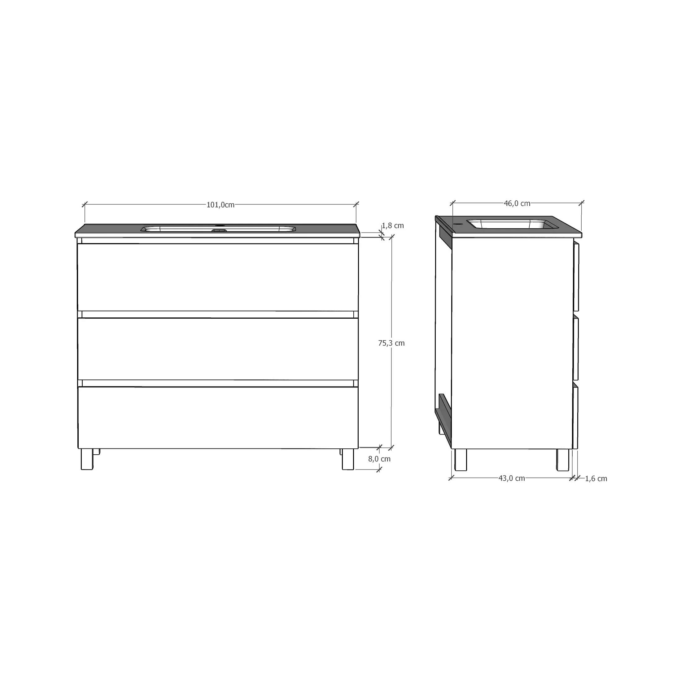 BAIKAL Conjunto de Mueble de Baño LESI. Compuesto por Mueble con Patas y Lavabo Cerámico. Tres Cajones. Melamina 16mm. Mueble MONTADO. Fondo 46cm 100 cm Blanco Mate