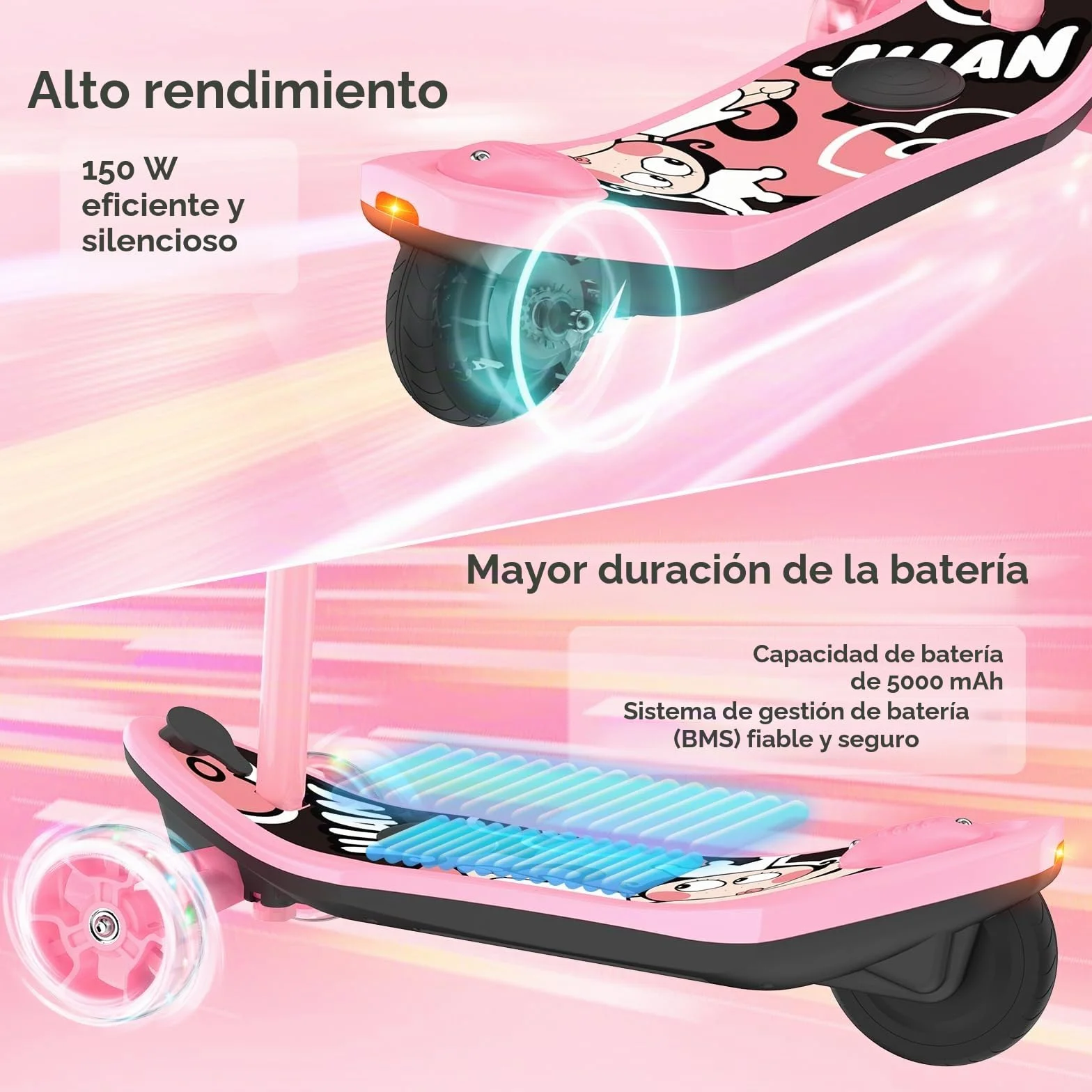 iScooter Patinete eléctrico para niños 2 en 1 batería 12V 5Ah ruedas 5 pulgadas carga máxima 50kg