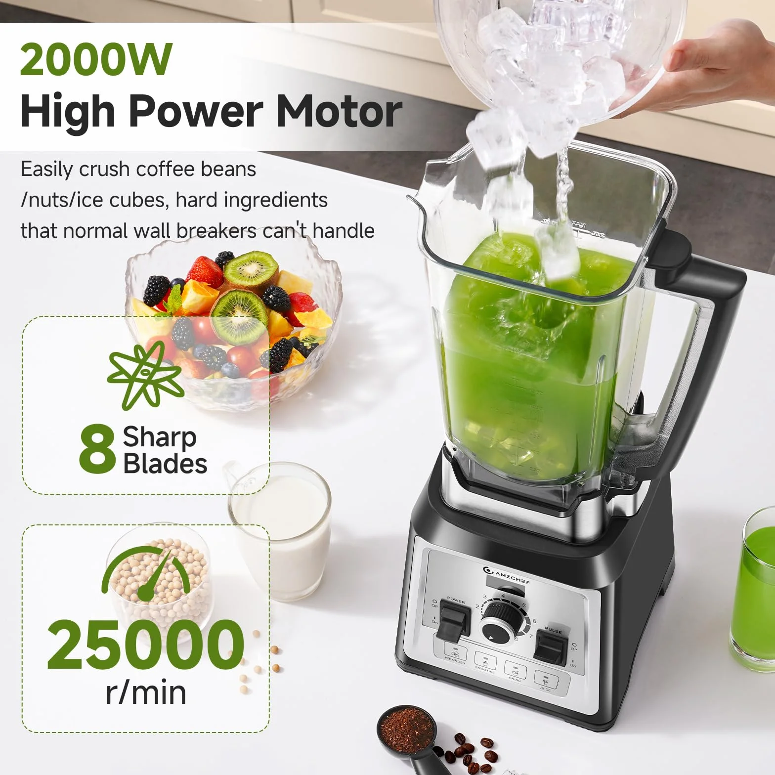 AMZCHEF Profesional Batidora, 2000 W batidora eléctrica con 4 funciones de un botón y 8 velocidades ajustables y función pulsaciones, batidora con 8 cuchillas de acero inoxidable – 25 000 rpm