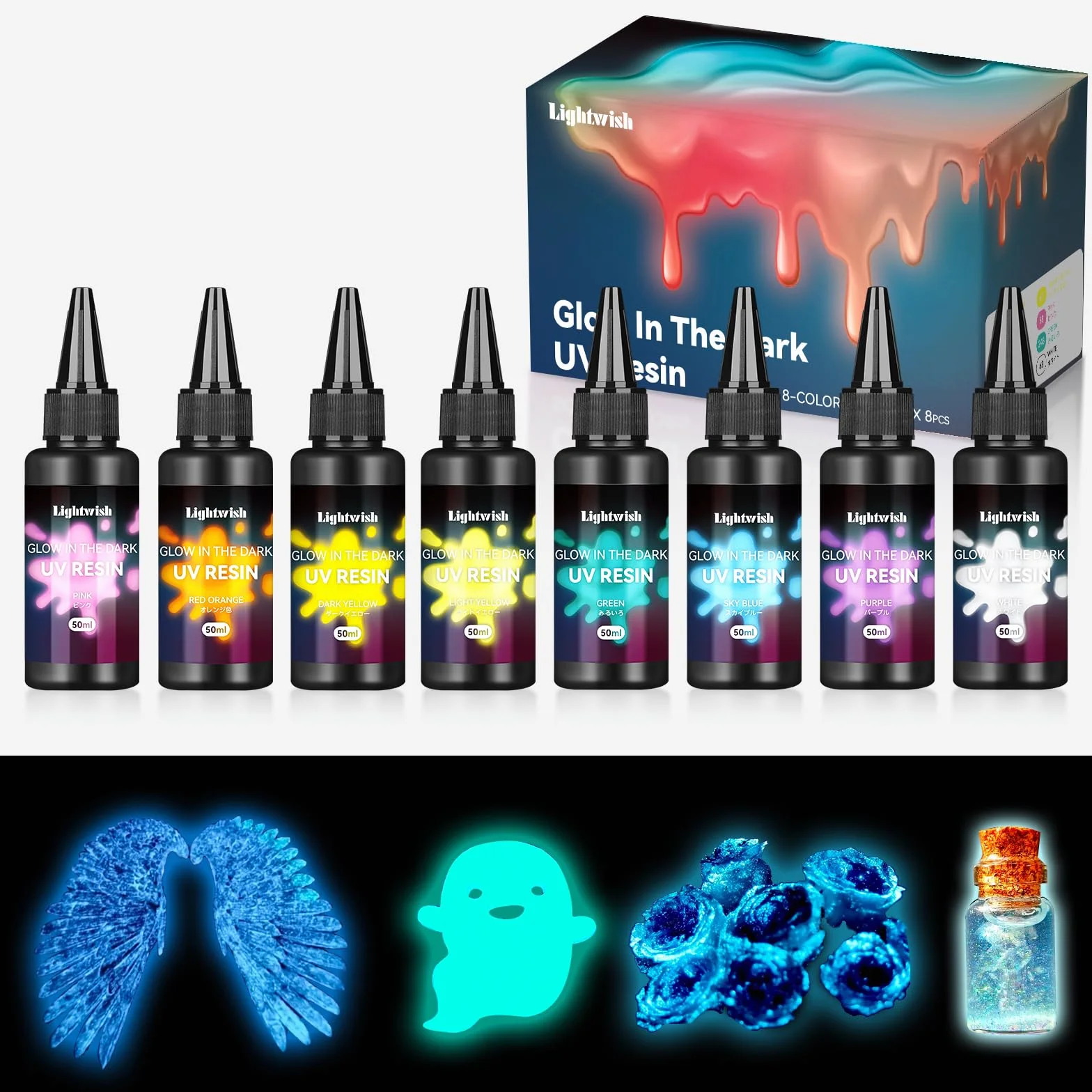 Resina UV de colores, 8 colores claros oscuros, 400 g, pintura fluorescente fluorescente rápida, resina epoxi que brilla en la oscuridad, para manualidades, bisutería, fundición y revestimiento,