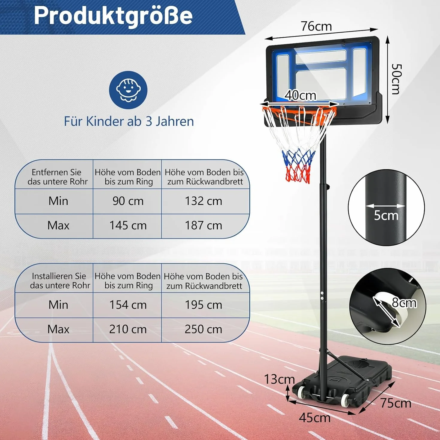 FANTASK Canasta de Baloncesto Ajustable 90-210 cm con Soporte y 2 Ruedas Azul
