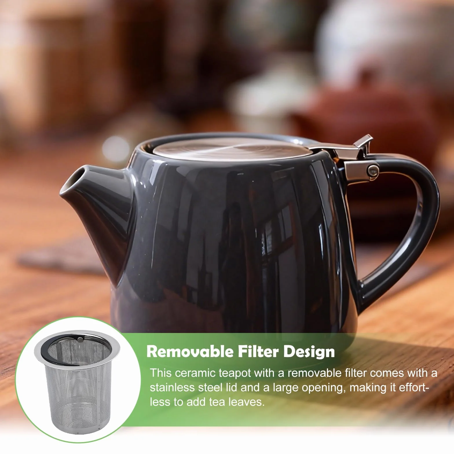BAIFULAI Tetera de porcelana de cerámica, 600 ml, tetera japonesa con filtro de acero inoxidable, juego de té de porcelana, set de regalo para los amantes del té, gris oscuro