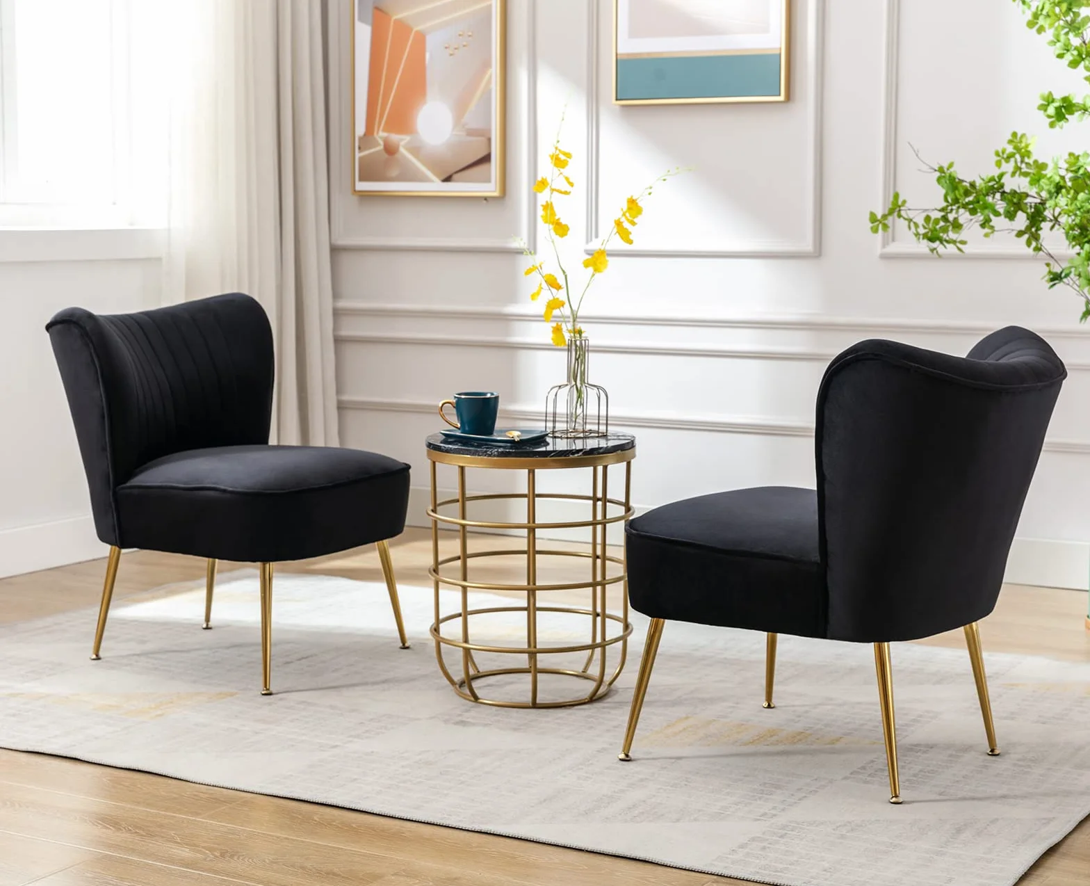 chairus Juego de 2 Sillón Tapizado en Terciopelo Sillón de Salón Moderno con Patas Doradas, Butaca de Salón Elegante sin Brazos para Dormitorio/Tocador, Negro