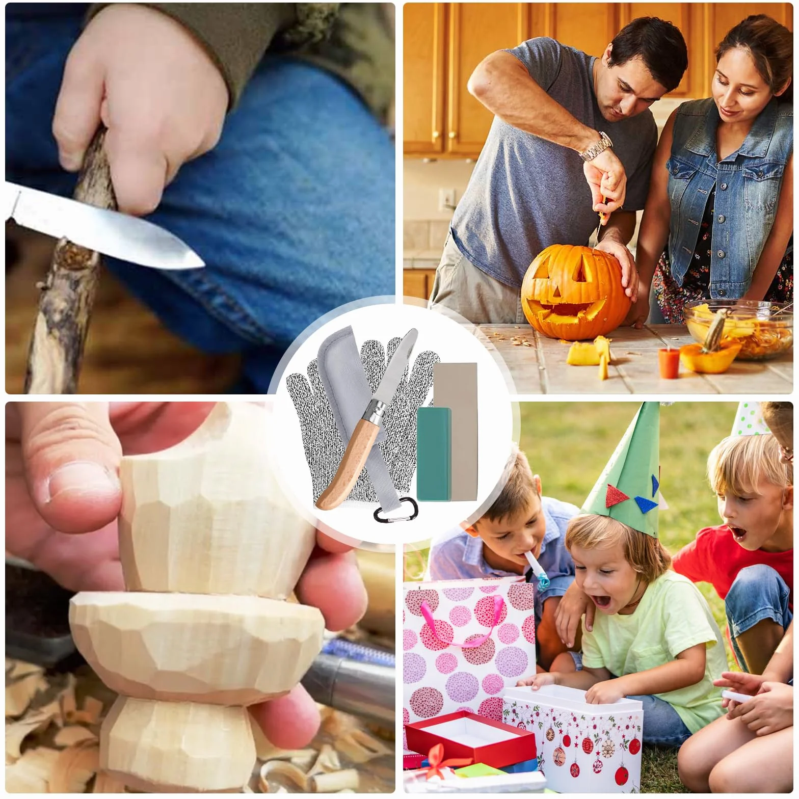 Juego de cuchillos infantiles para tallar con mango de madera, navaja plegable para exteriores con guantes