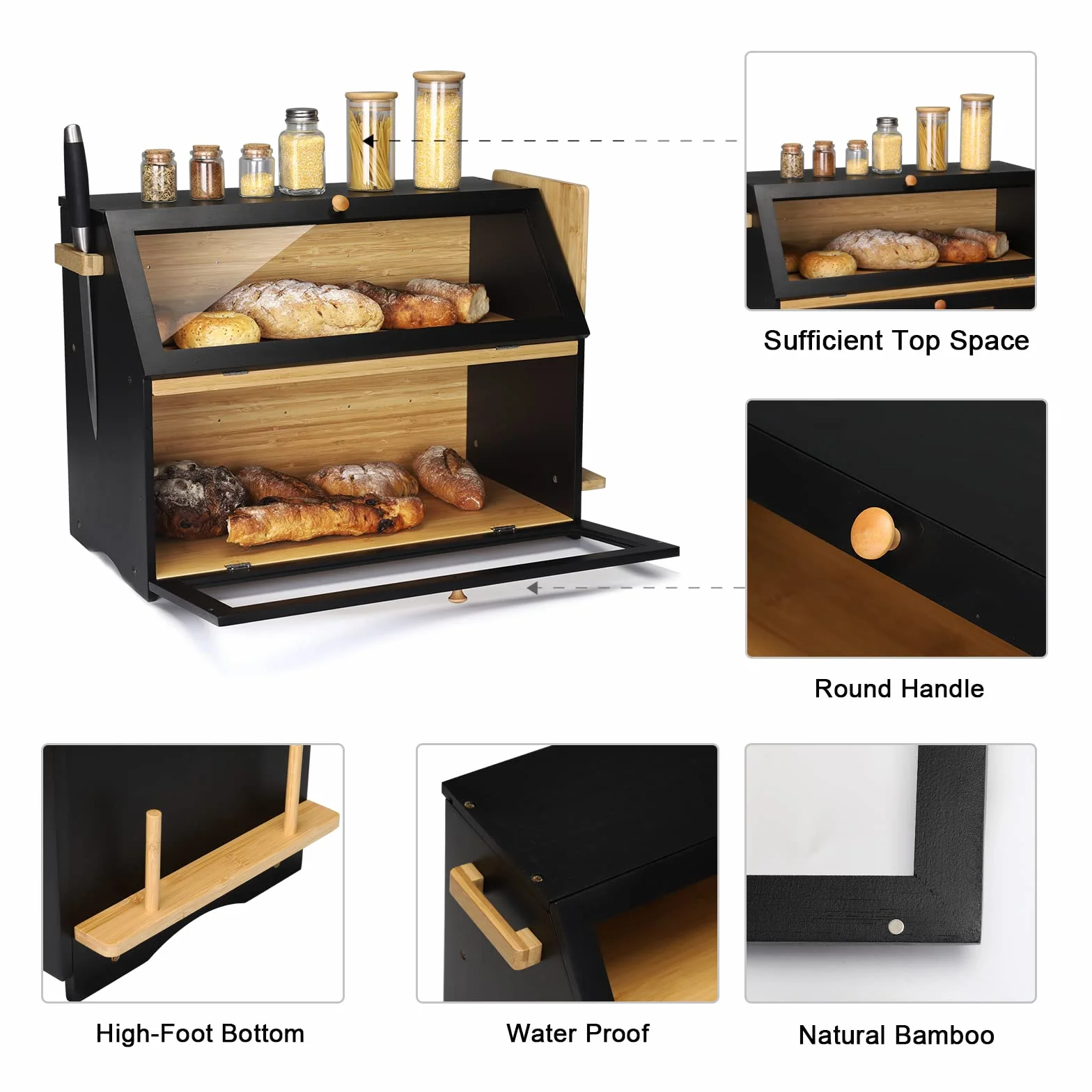 Leader Accessories Caja de Pan de Bambú de 2 Niveles, Recipiente de Pan con Tapa Frontal de Solapa, Botellas de Verduras y Especias del Gabinete de Pan, etc., 50 * 37 * 25 cm, Negro