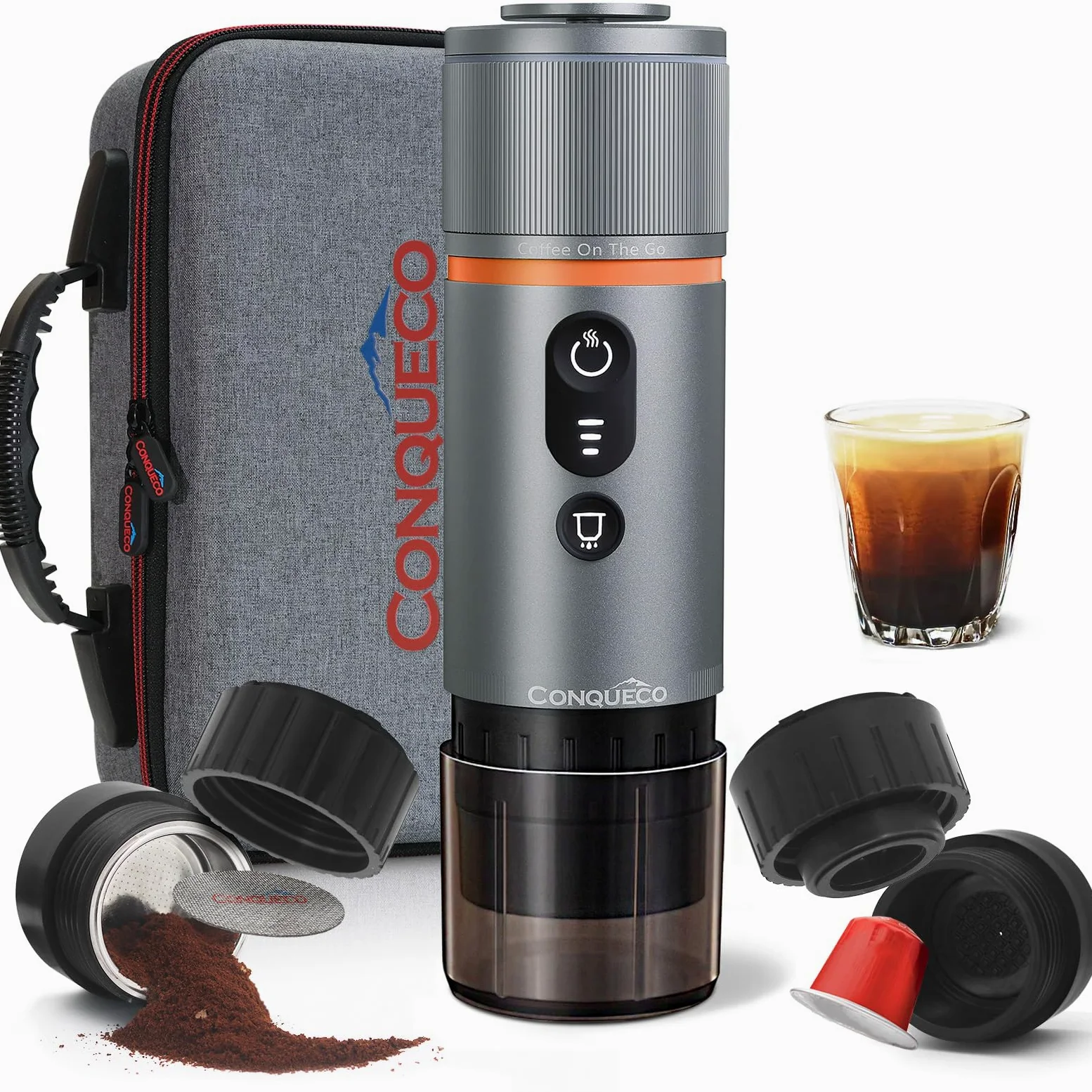 CONQUECO Cafetera Portátil con Cápsula de Espresso - 12V Máquina de Café Electrica con Batería - para Coche Camión y Viajes-Con bolsa de almacenamiento y accesorios de extracción de café