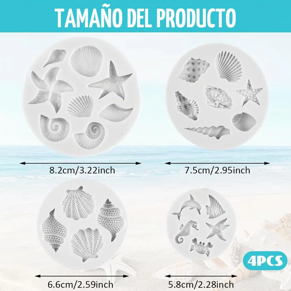 4 piezas Marina Animales Moldes Silicona,Moldes de Fondant para Tartas con Temática Marina,Molde de Silicona para Fondant con Tema Marino,3D Molde Conchas del Mar Marina Animales Moldes,para Gelatina