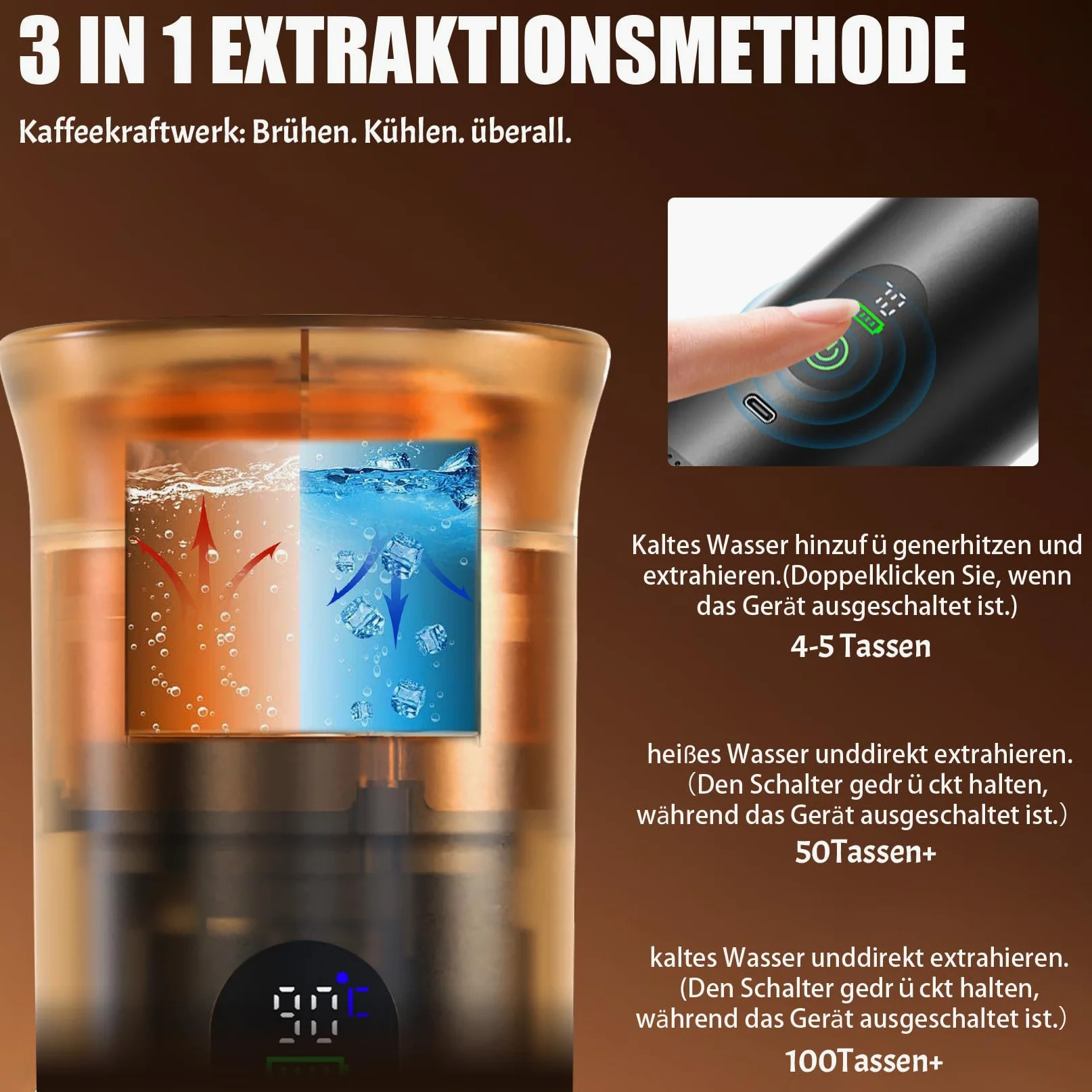 Cafetera espresso portátil 3 en 1, mini cafetera de viaje | Con Type-C, cafetera de viaje compatible con cápsulas y café molido, cafetera To Go para coche, oficina, camping