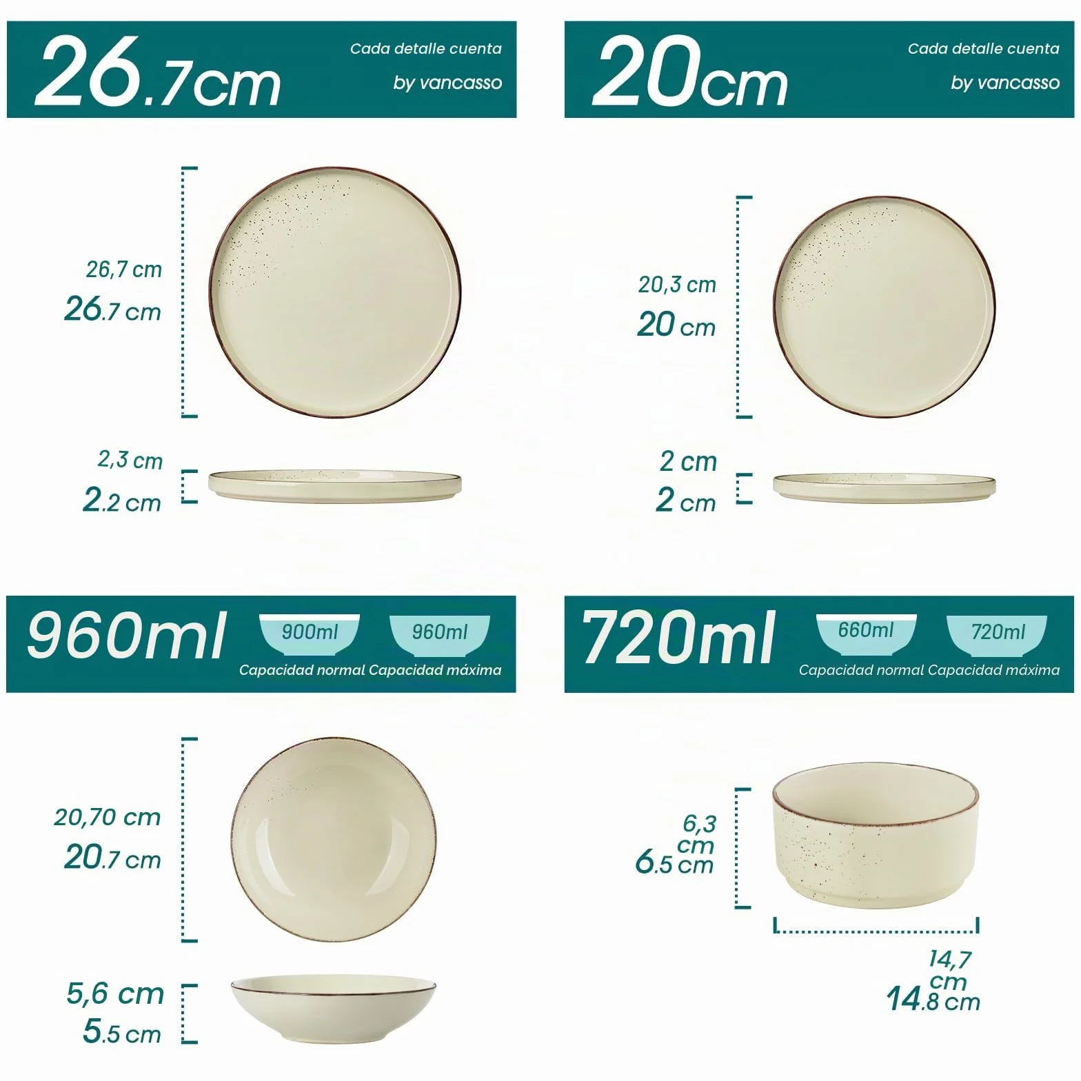 vancasso NAVIA - Vajilla Completa de 24 Piezas para 6 Personas, Platos Vajilla Moderna de Gres - 6 Cuencos Cereales, 6 Postres, 6 Platos Llanos y 6 Hondos - Apto para Microondas y Lavavajillas - Beige
