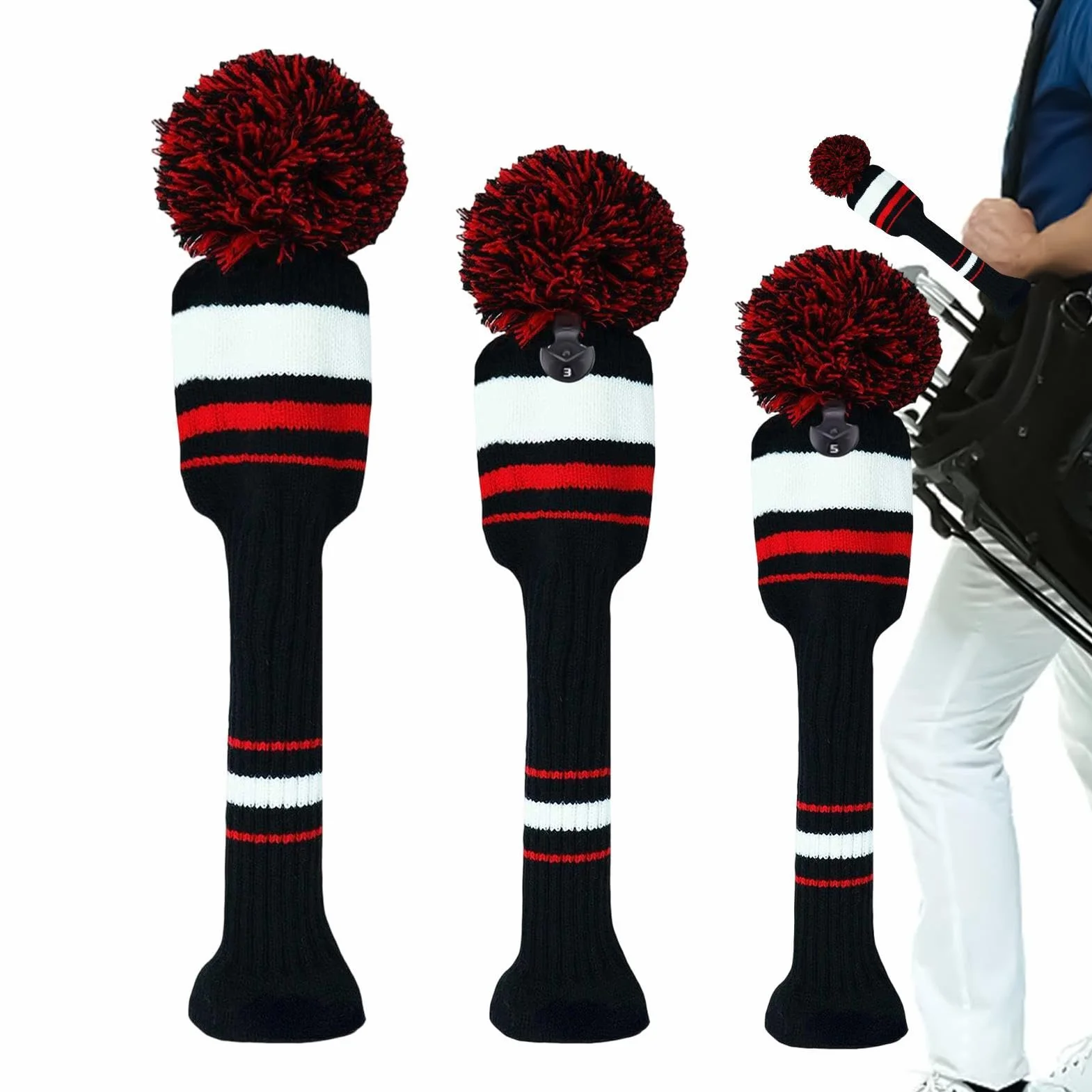 Fundas de Madera de Golf Paquete de 3, Protectora para Cabeza de Conductor Híbrido, Sombrero de Lana de Punto a Rayas, Elástico Antiarañazos, Lavable