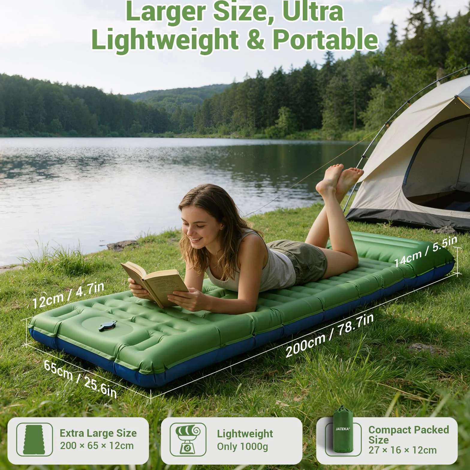 JATEKA Colchoneta Hinchable Ultraligero de 14 cm con Almohada para Camping, Viajes, Playa