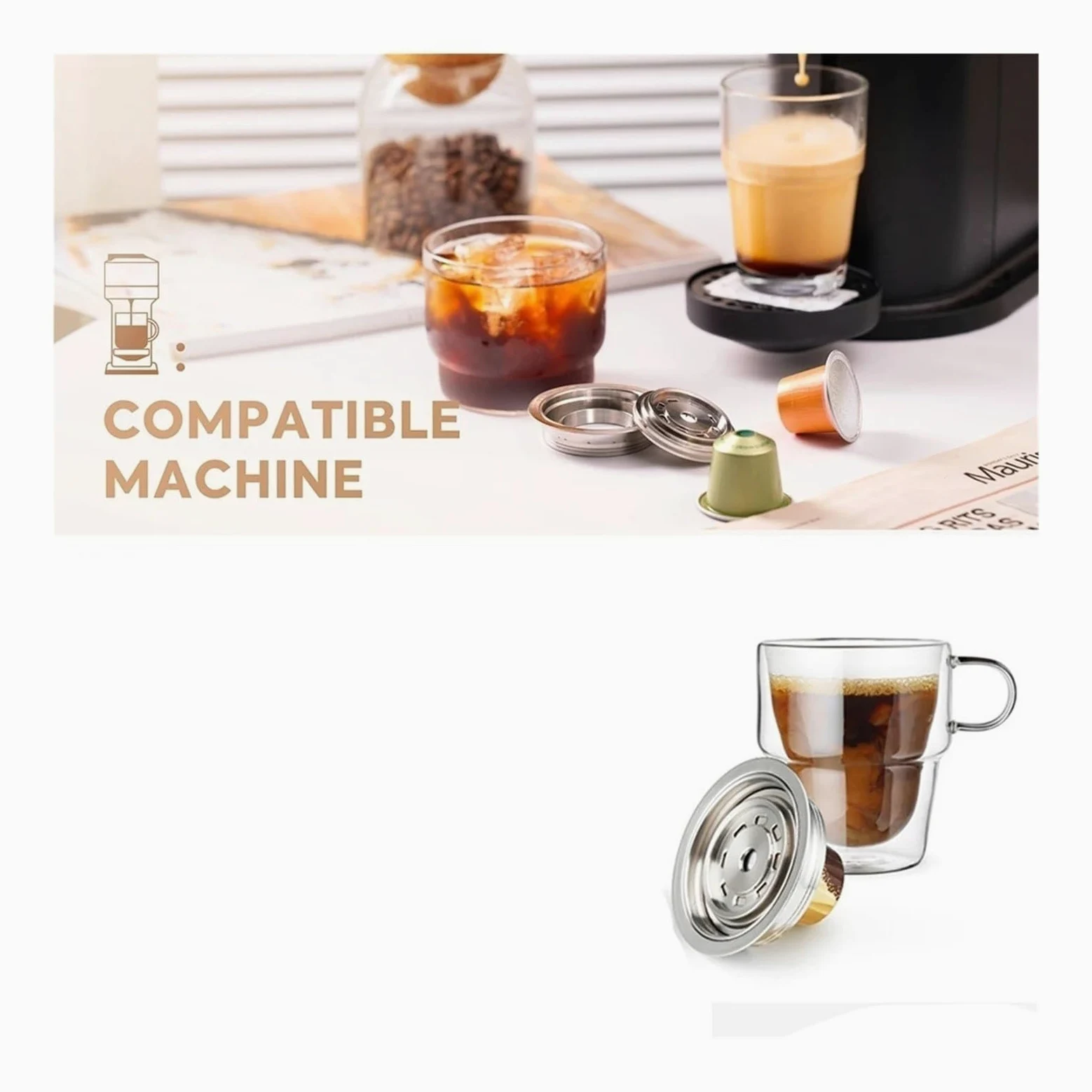 Convertidor De Adaptador De Acero Inoxidable De Cápsula De Café Reutilizable | Compatible Con ICafilas ,Compatible Con Nespresso Vertuo Vertuo Next Pop Machine Capsule Insert Inserto De Cápsula(40ml-80ml)